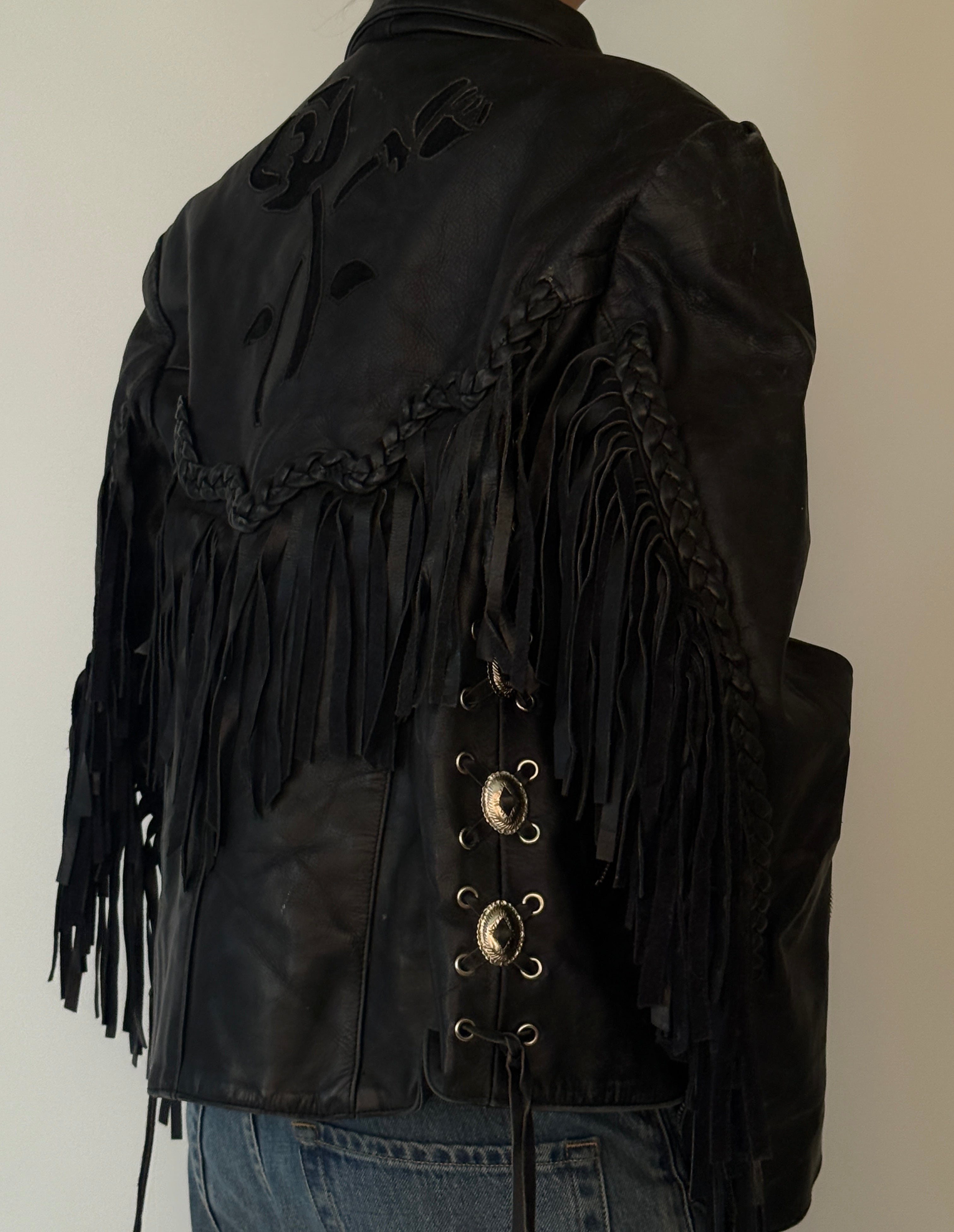 Vintage leather jacket black braided fringe detail