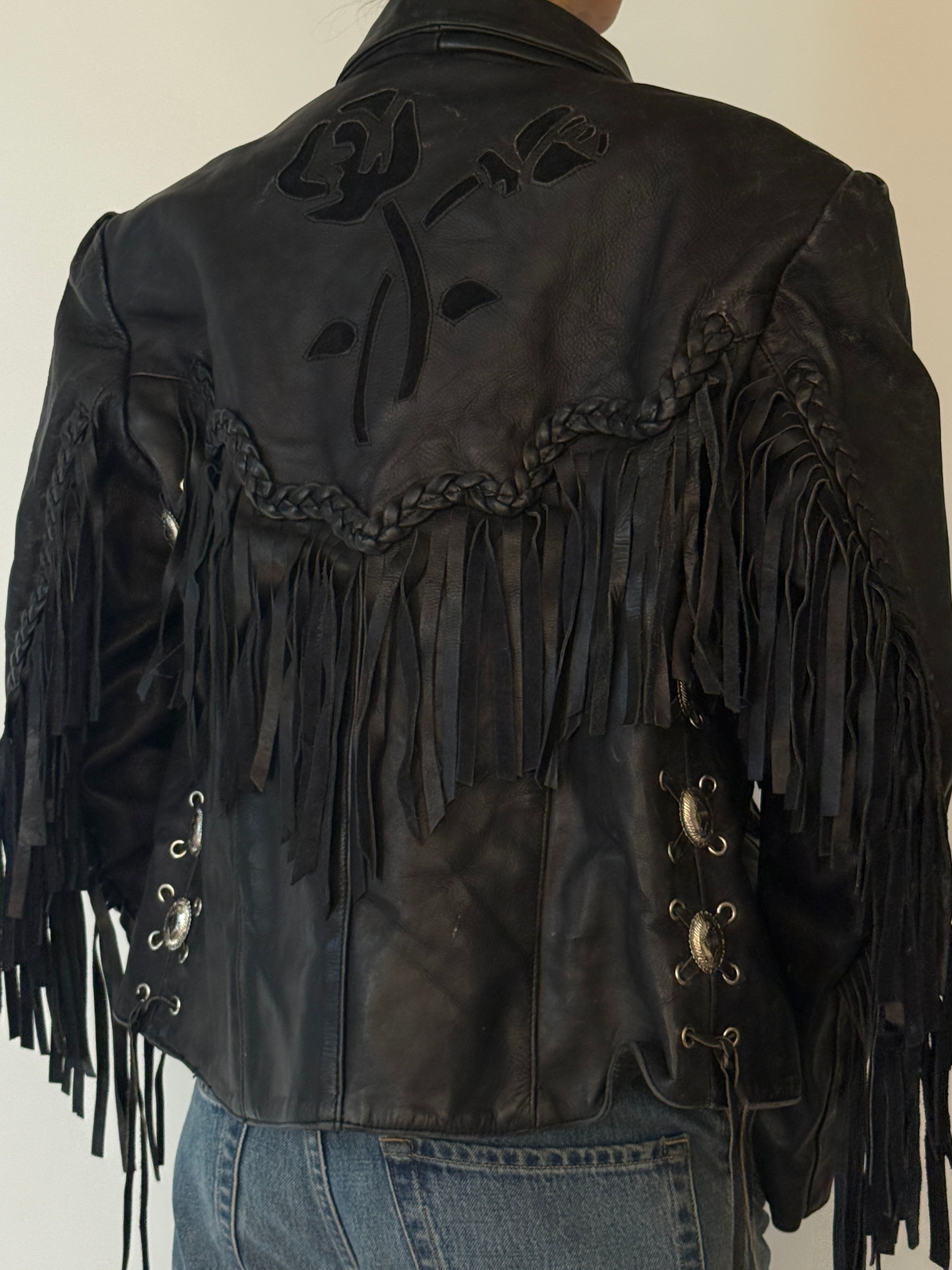 Vintage black leather fringe jacket back view