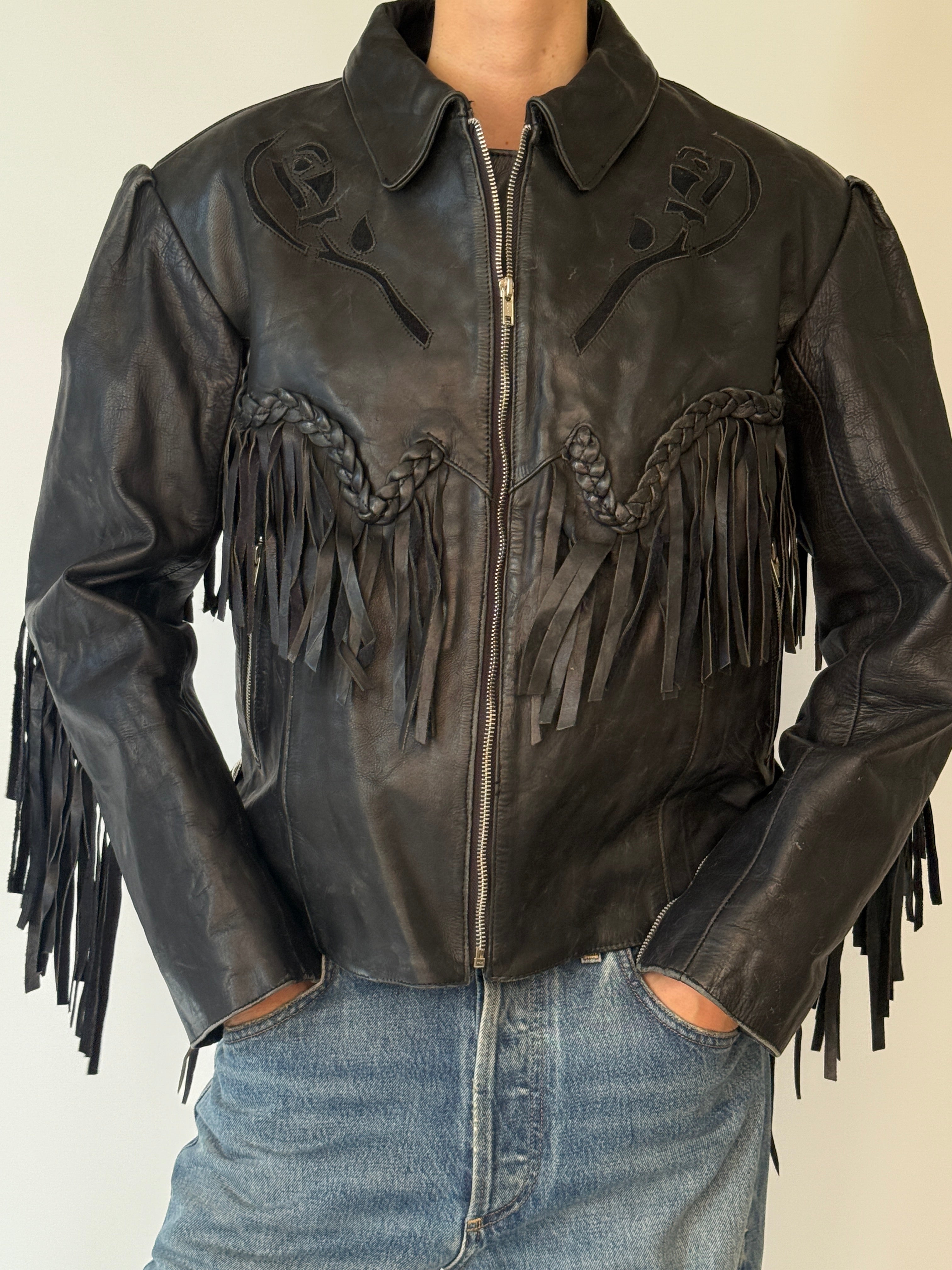 Vintage black leather fringe jacket front view