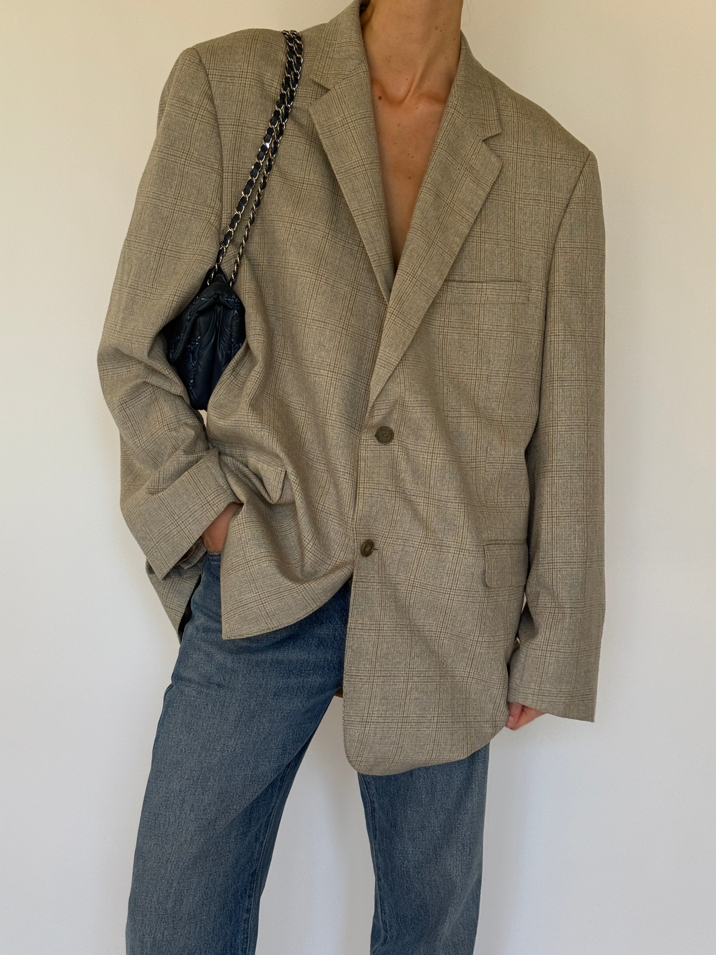 Vintage beige checked oversized blazer pocket detail