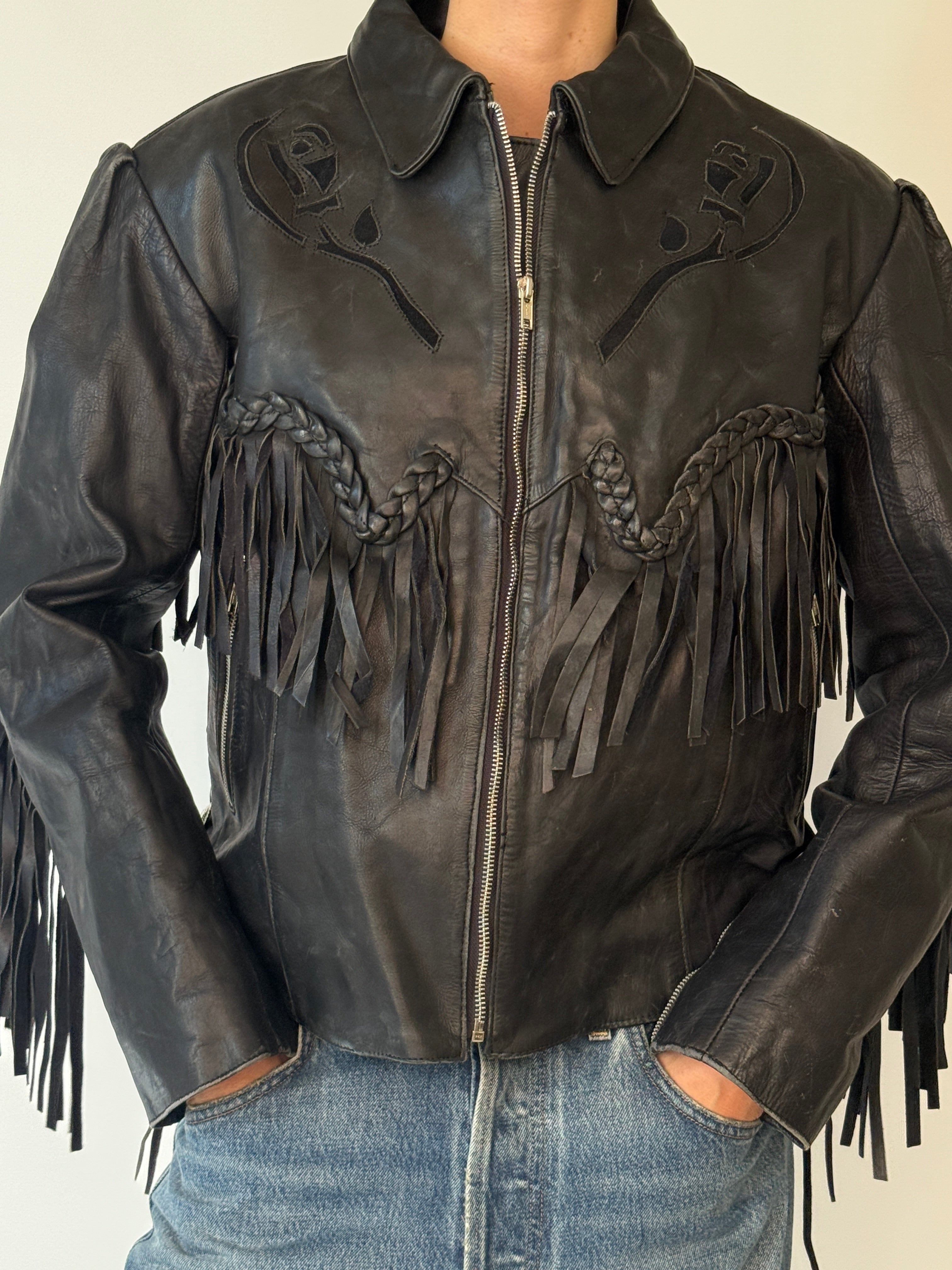 Vintage black leather fringe jacket front view