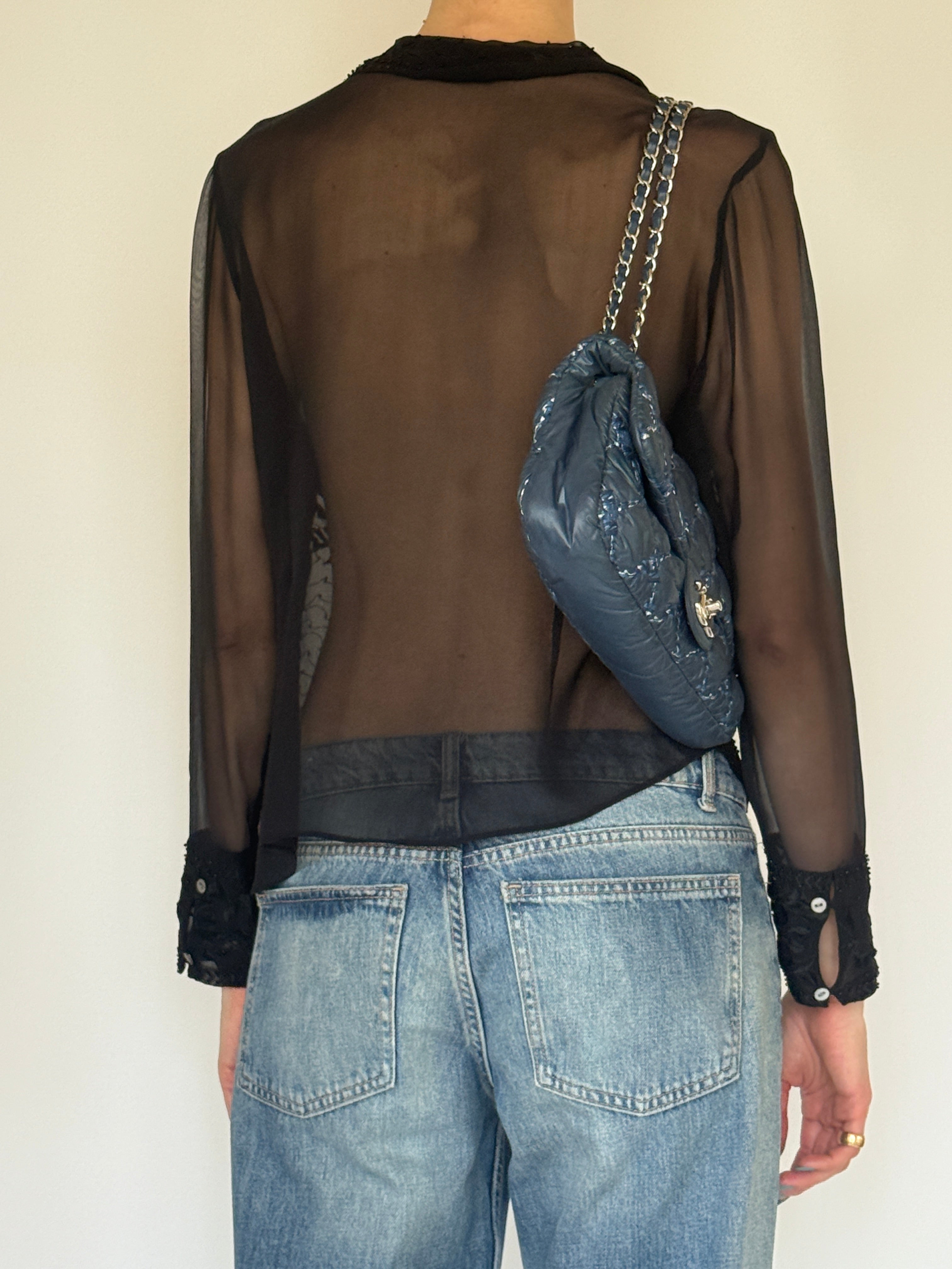 Vintage sheer black embroidered blouse back view