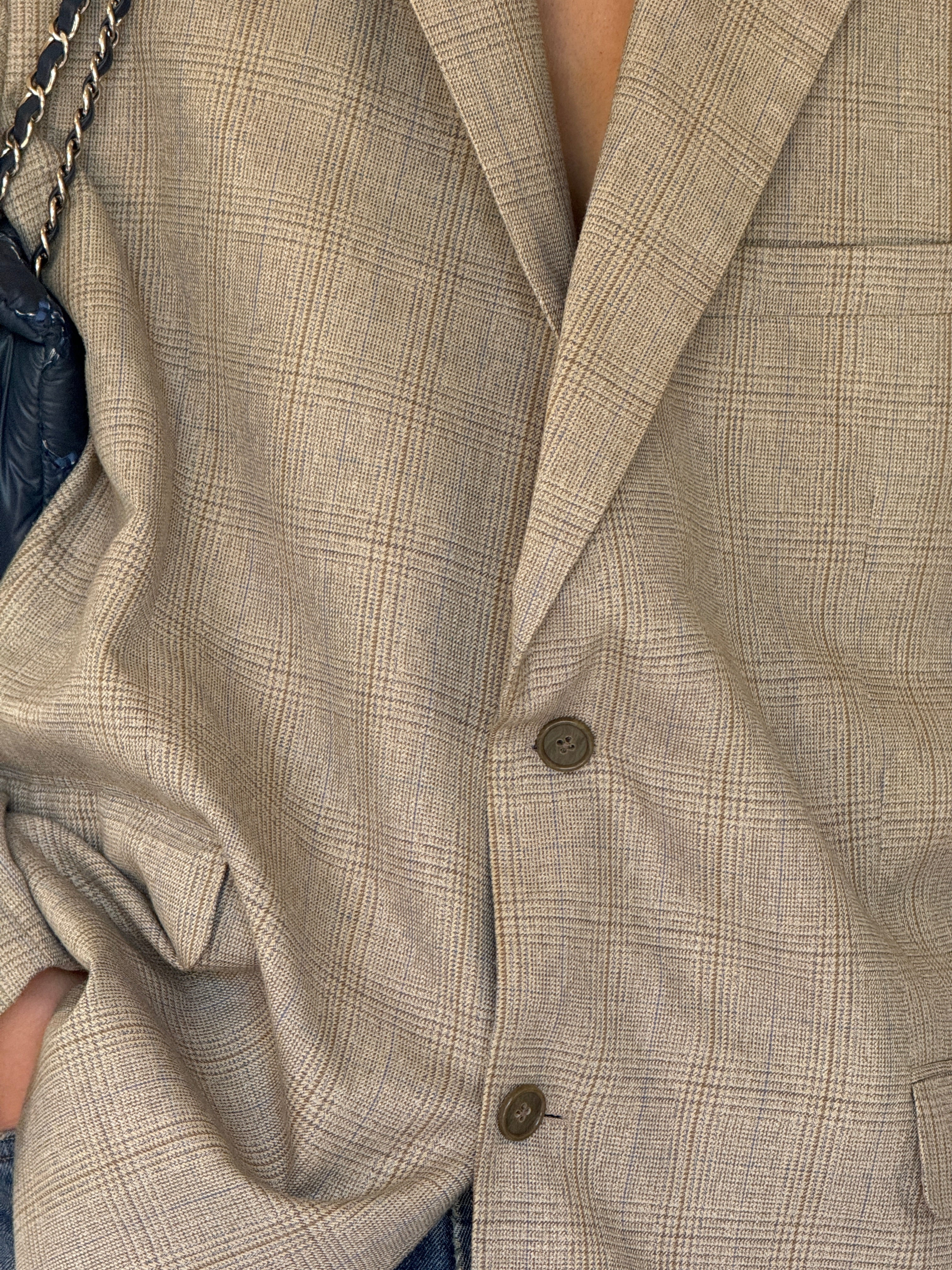 Vintage beige checked oversized blazer lapel detail