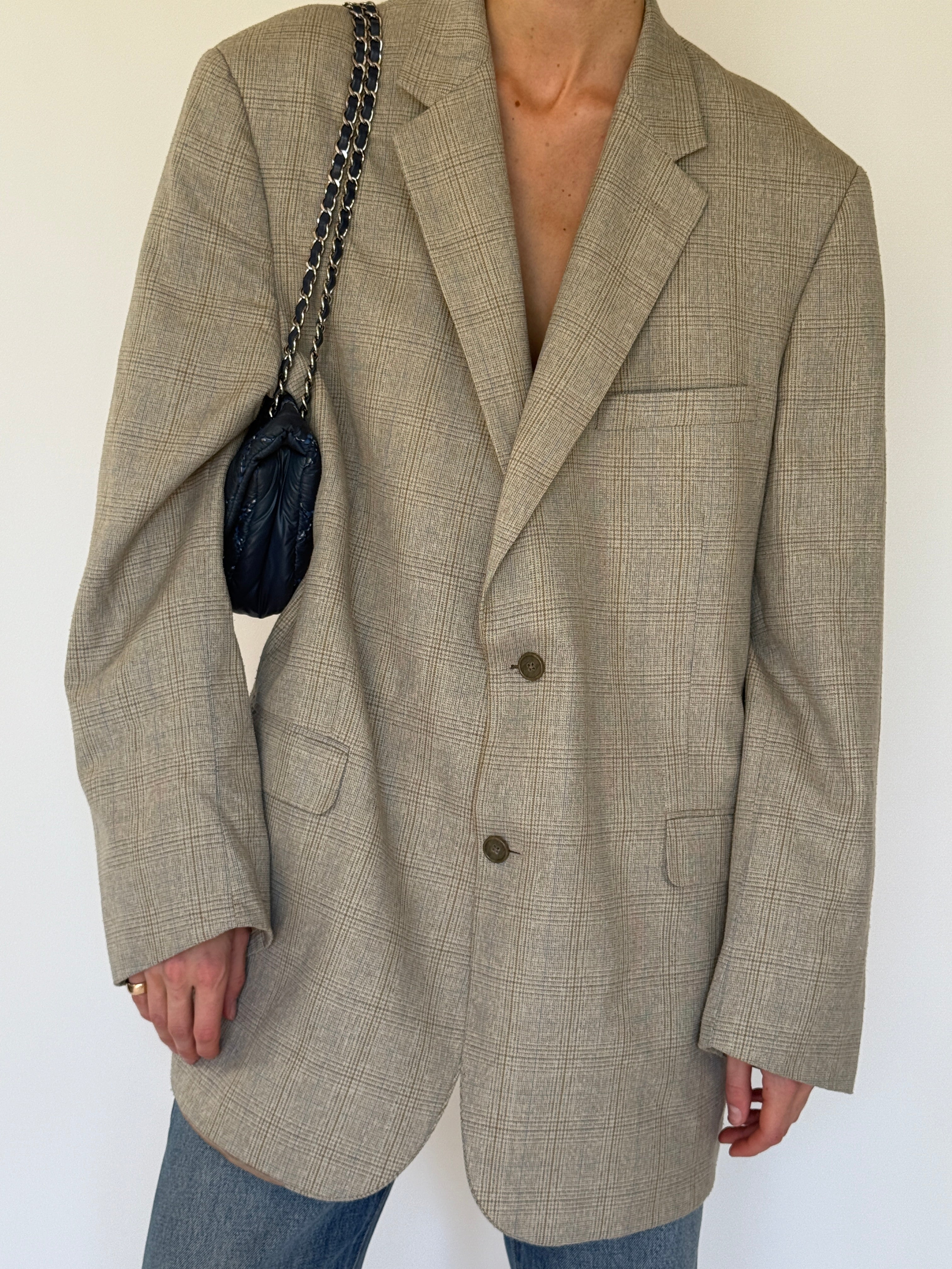 Vintage beige checked oversized blazer button detail