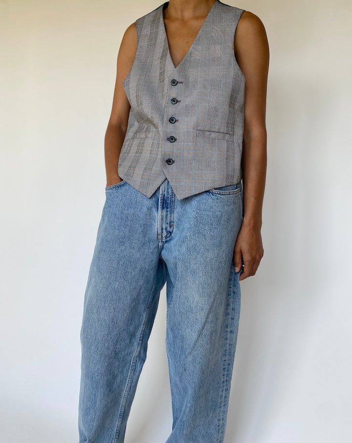 VINTAGE GREY BLUE CHECKED VEST 3321