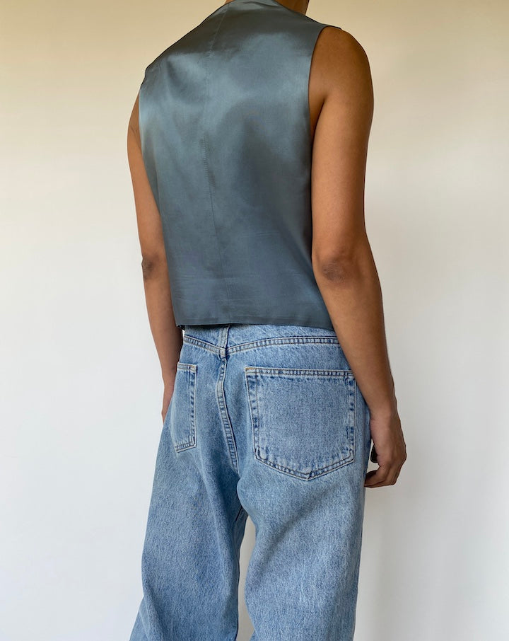 VINTAGE GREY BLUE CHECKED VEST 3321