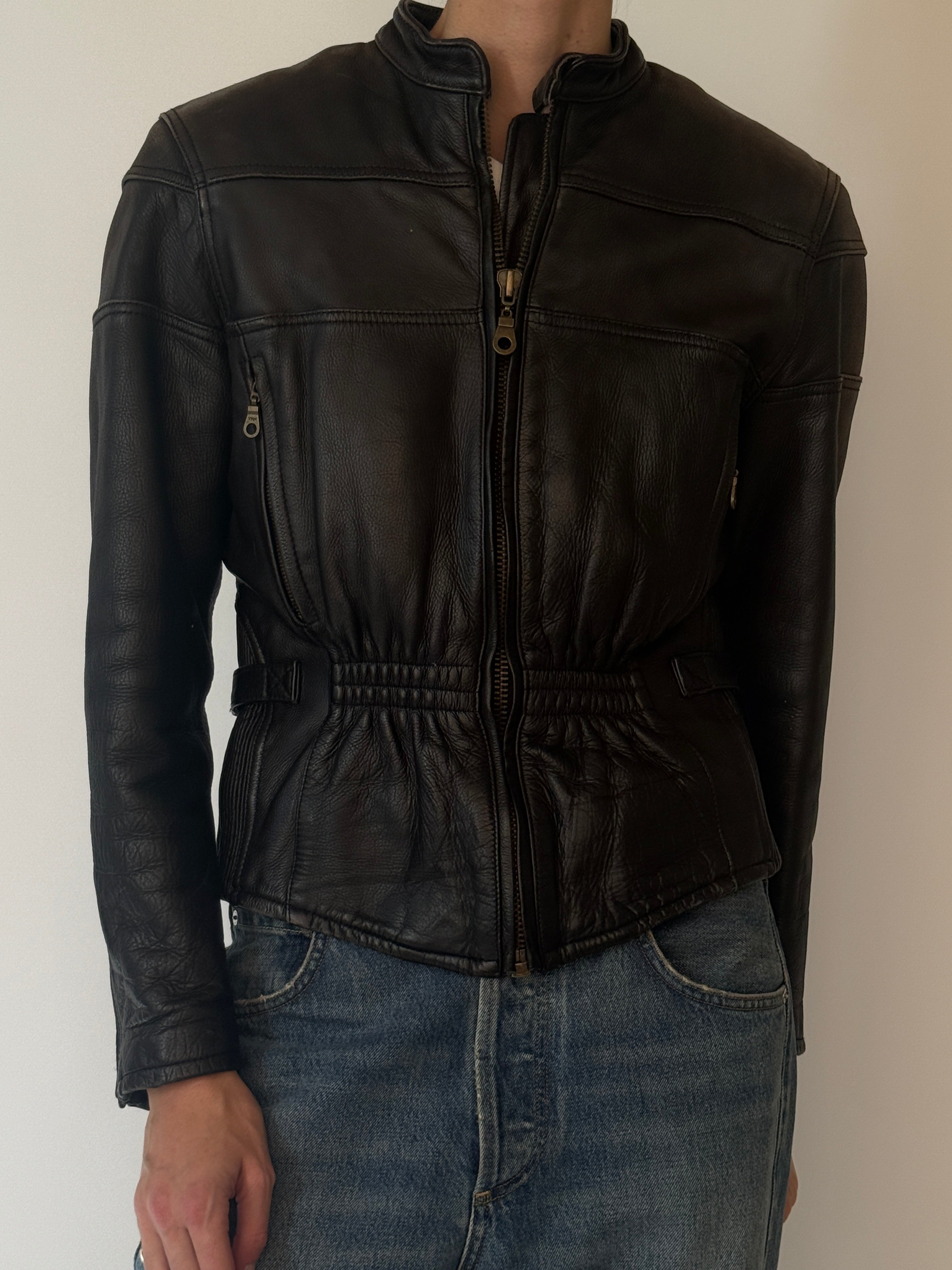 Vintage black leather zip jacket front view