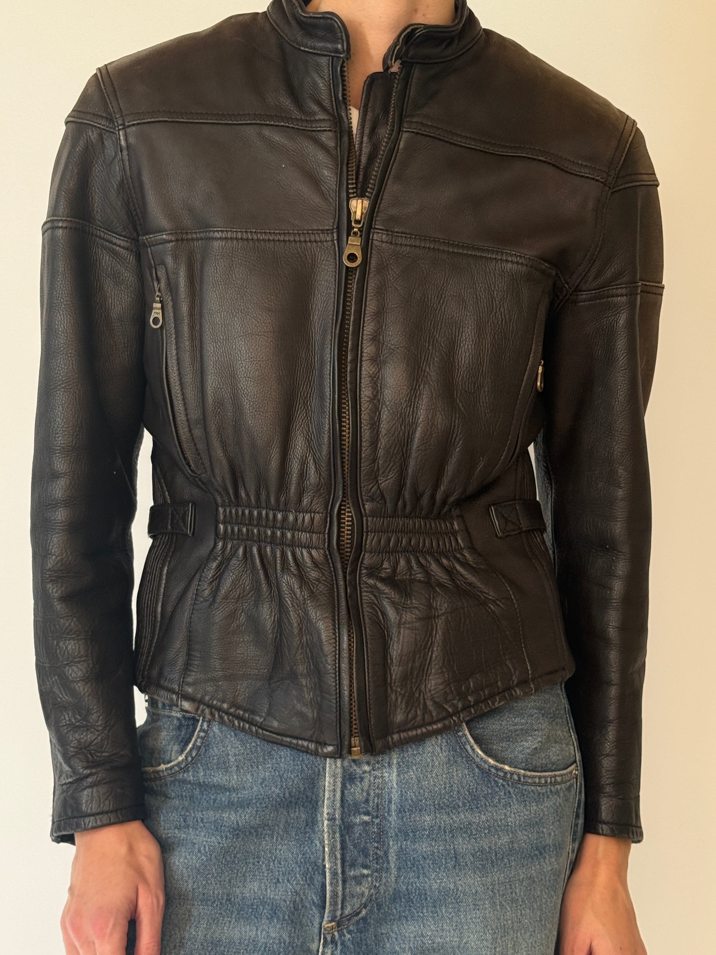 Vintage black leather zip jacket front view