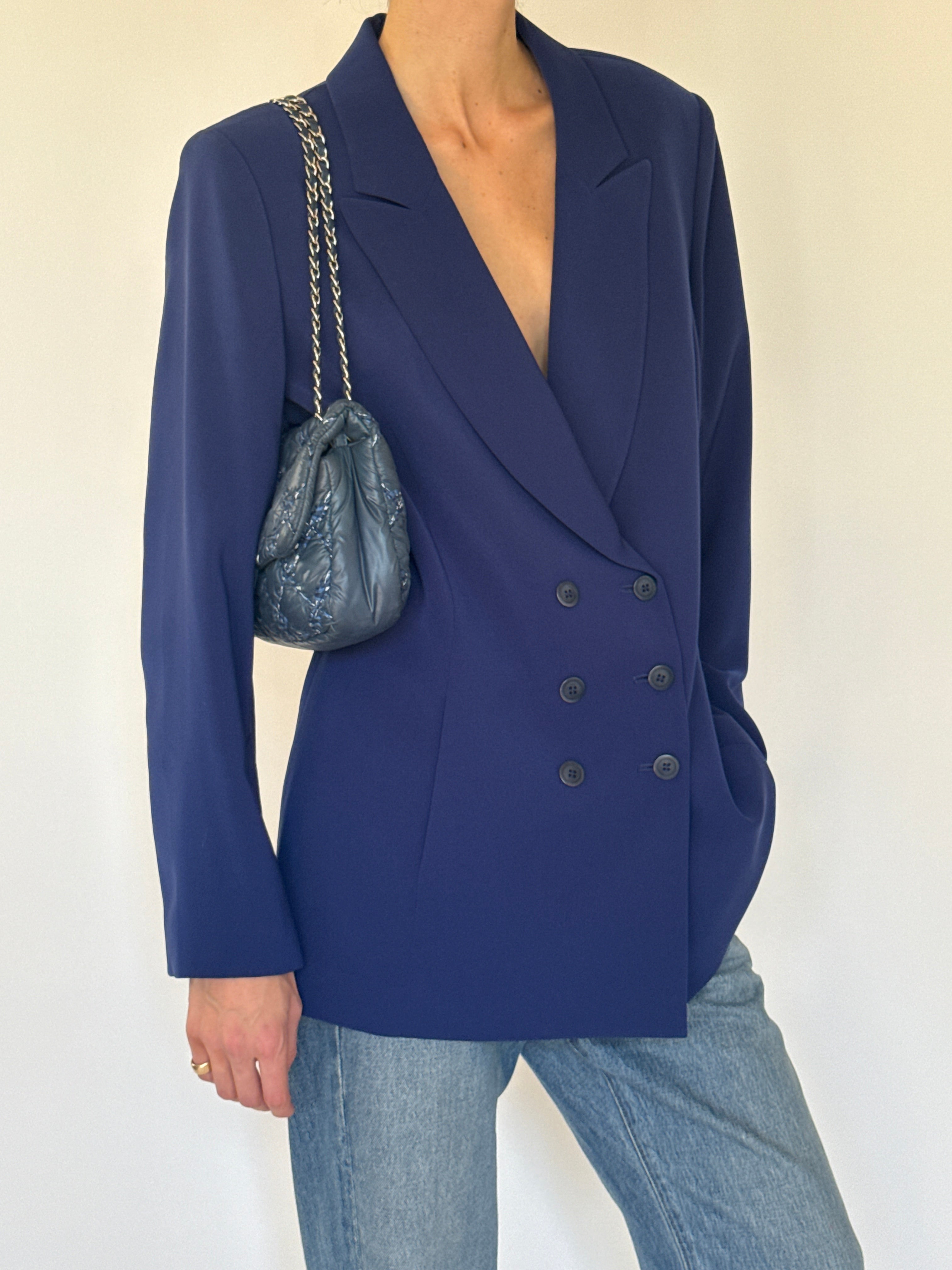 Vintage navy double-breasted blazer button detail