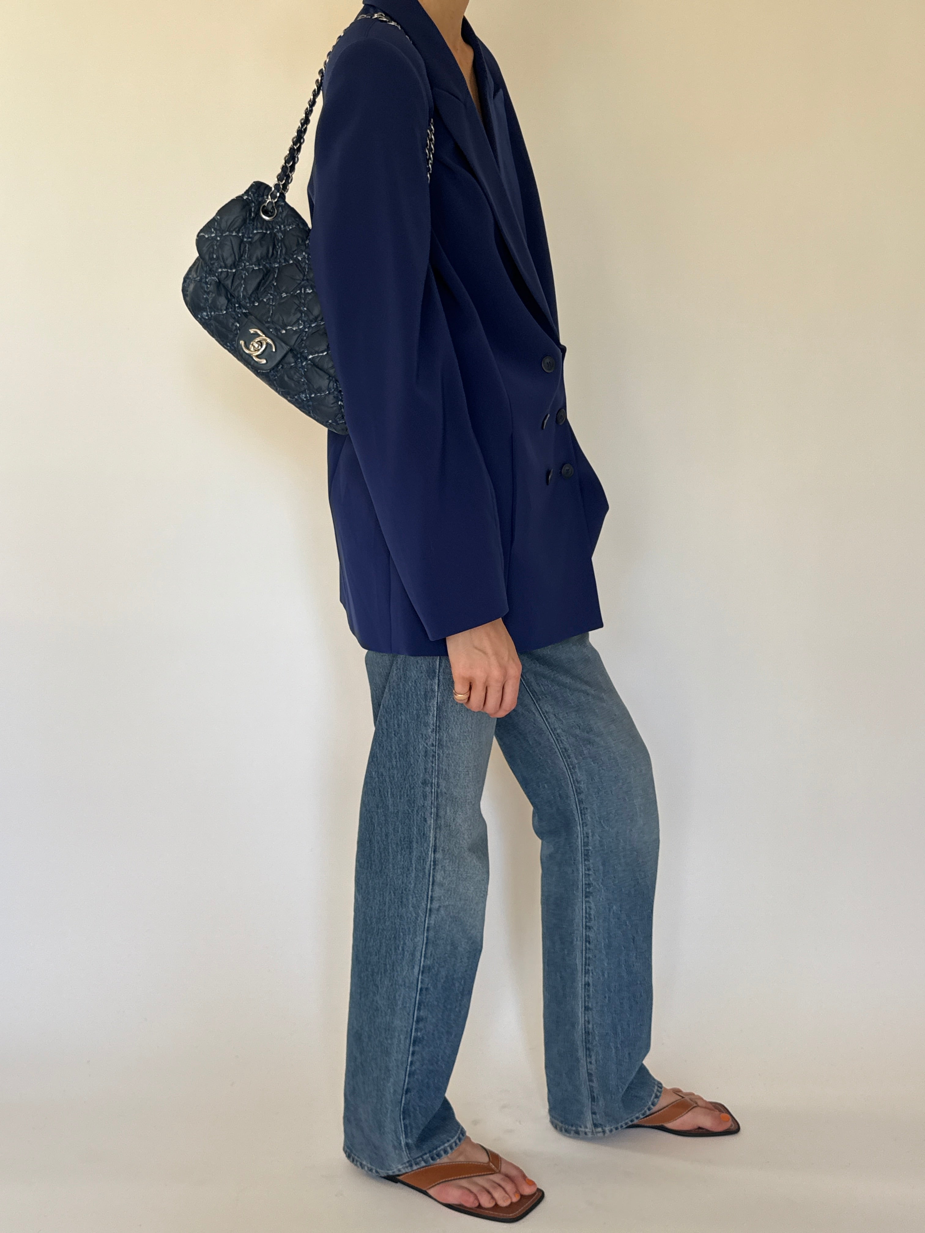 Vintage navy double-breasted blazer side view