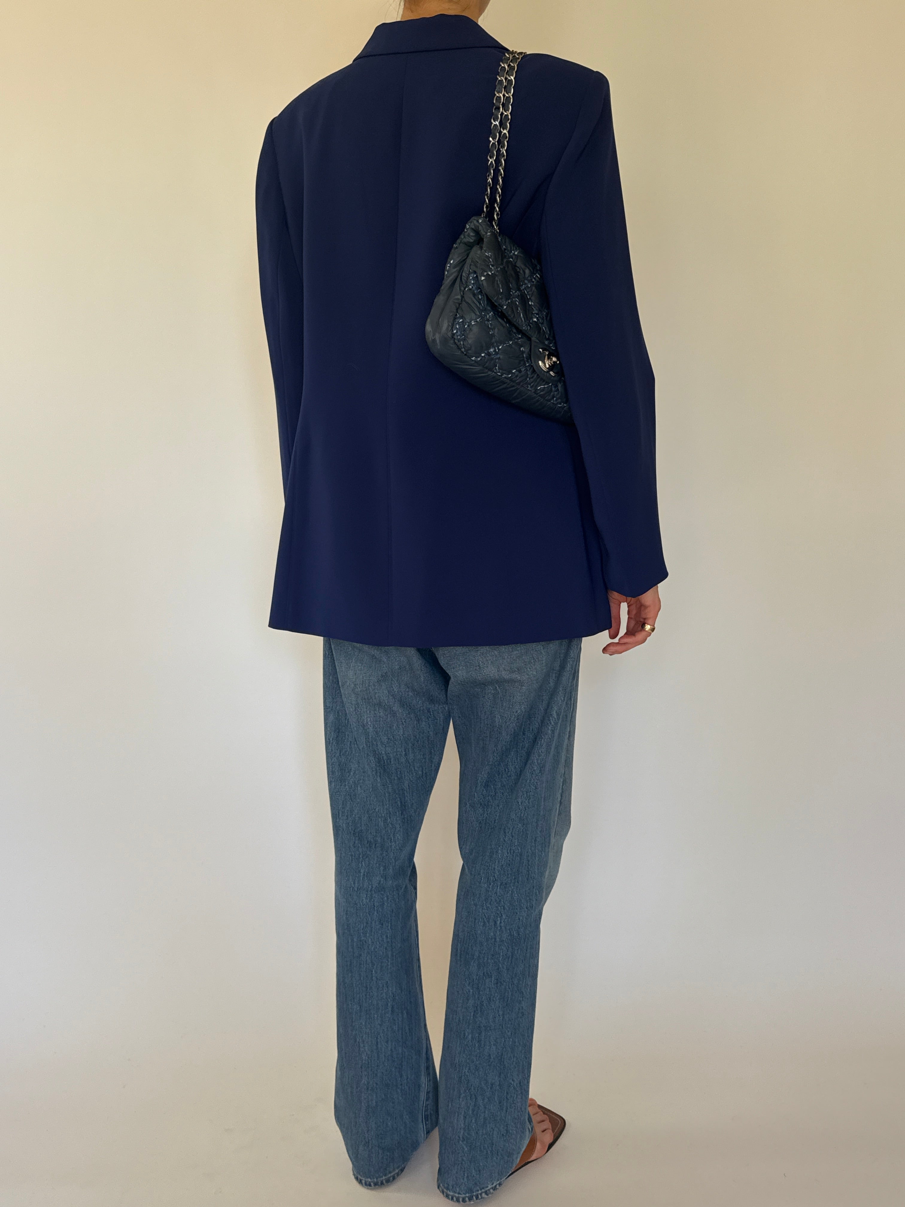Vintage navy double-breasted blazer back view