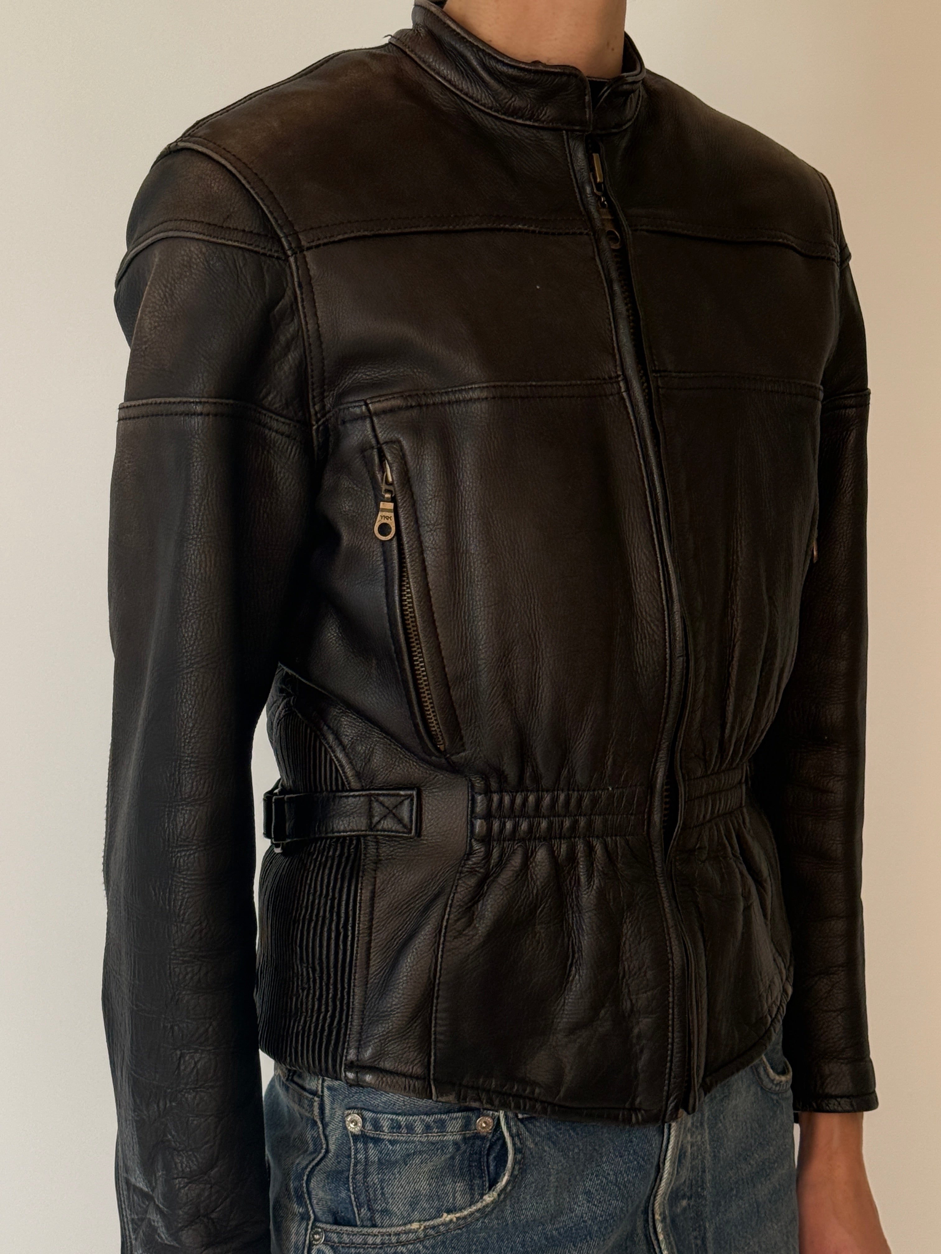 Vintage black leather jacket leather close-up