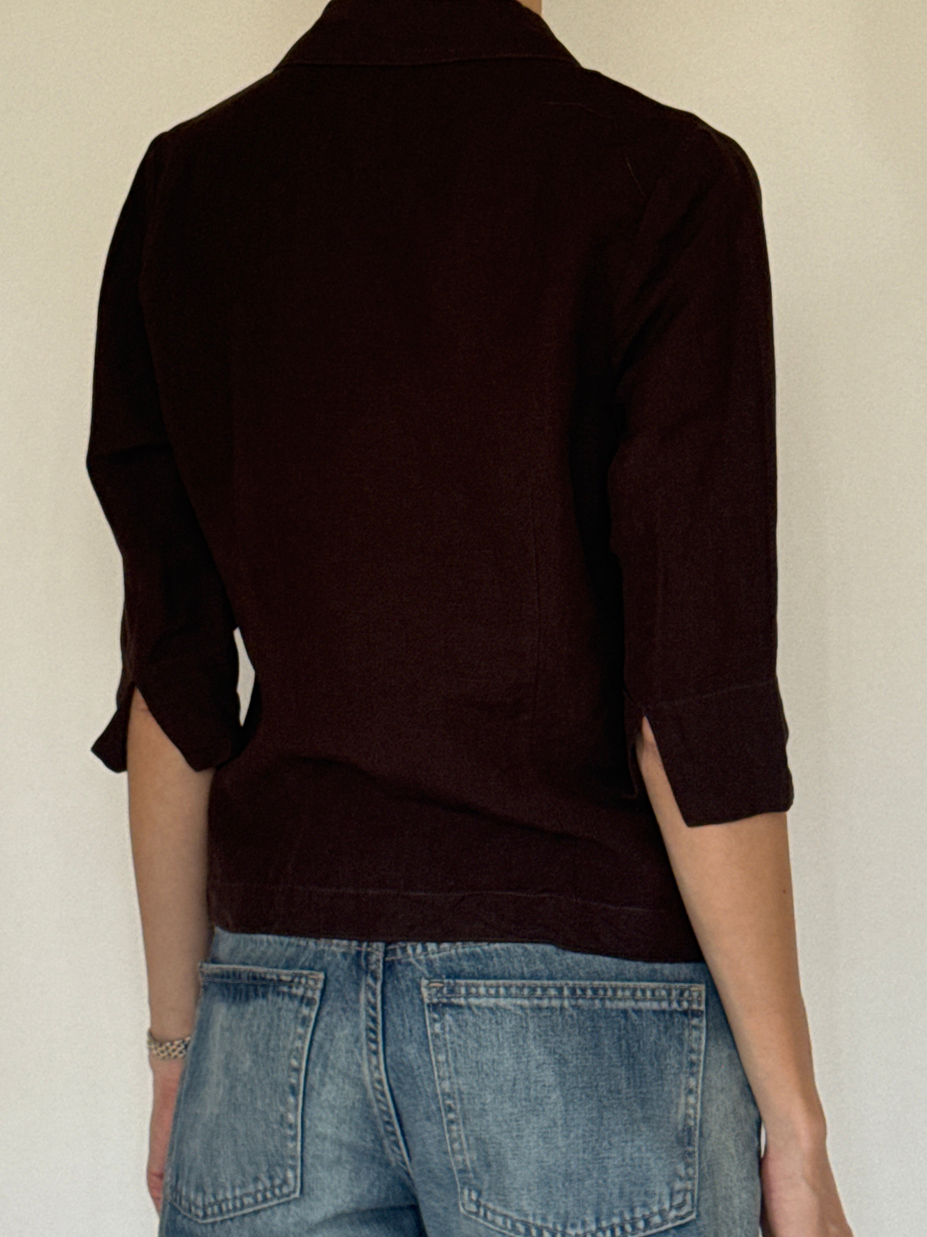 Vintage chocolate brown linen blend blouse back view