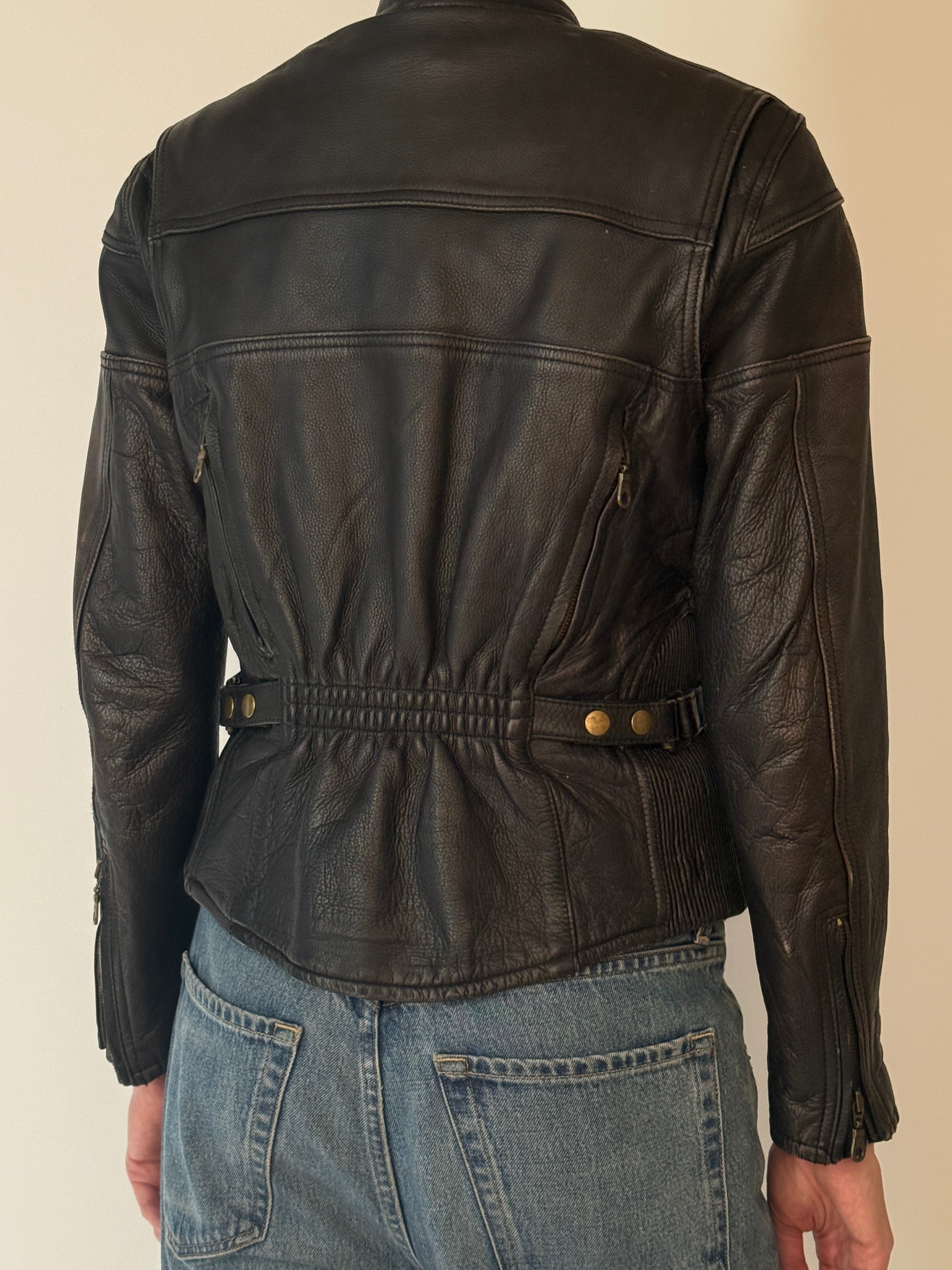 Vintage black leather zip jacket back view