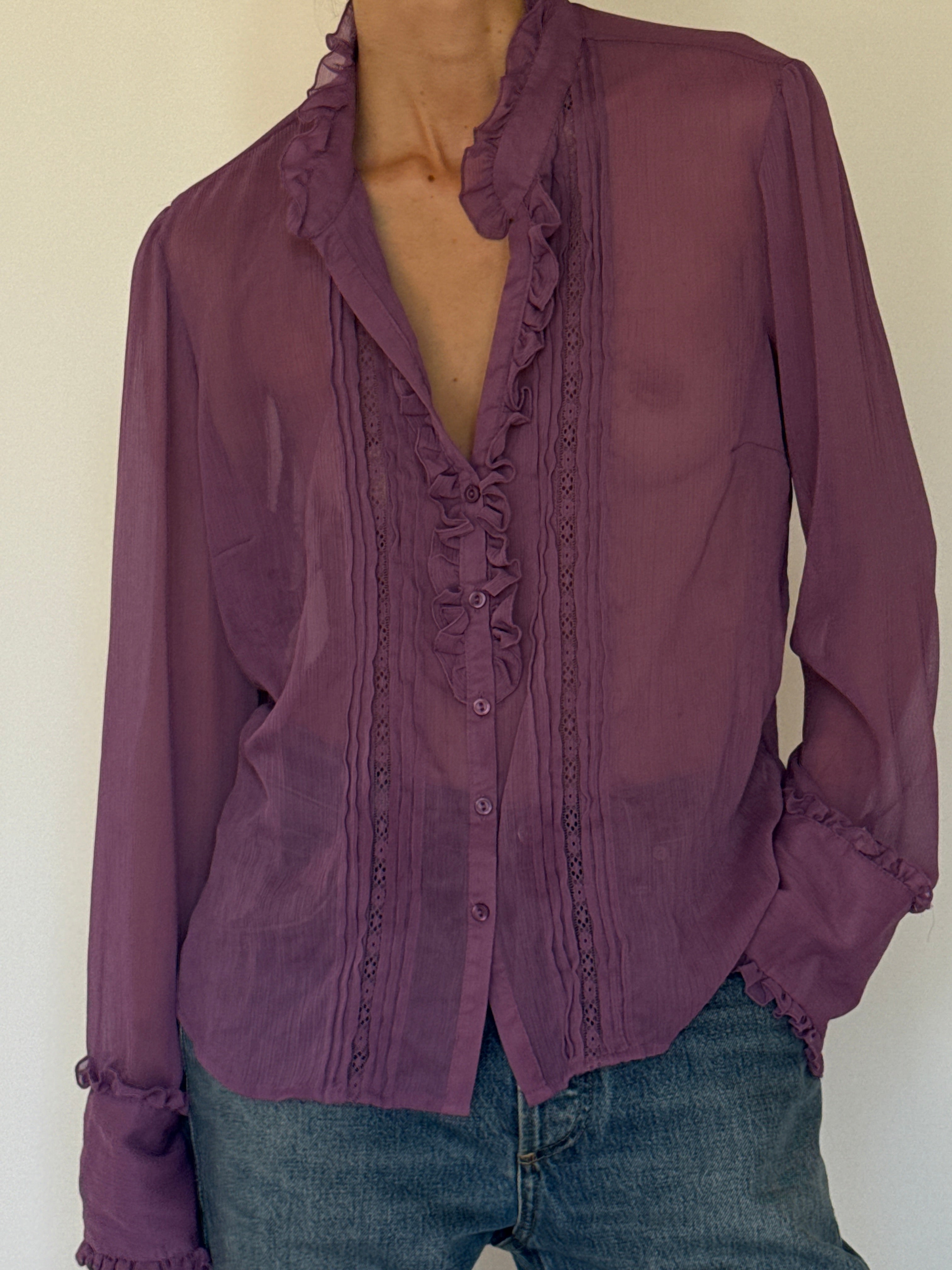 Vintage mauve sheer ruffled blouse front view