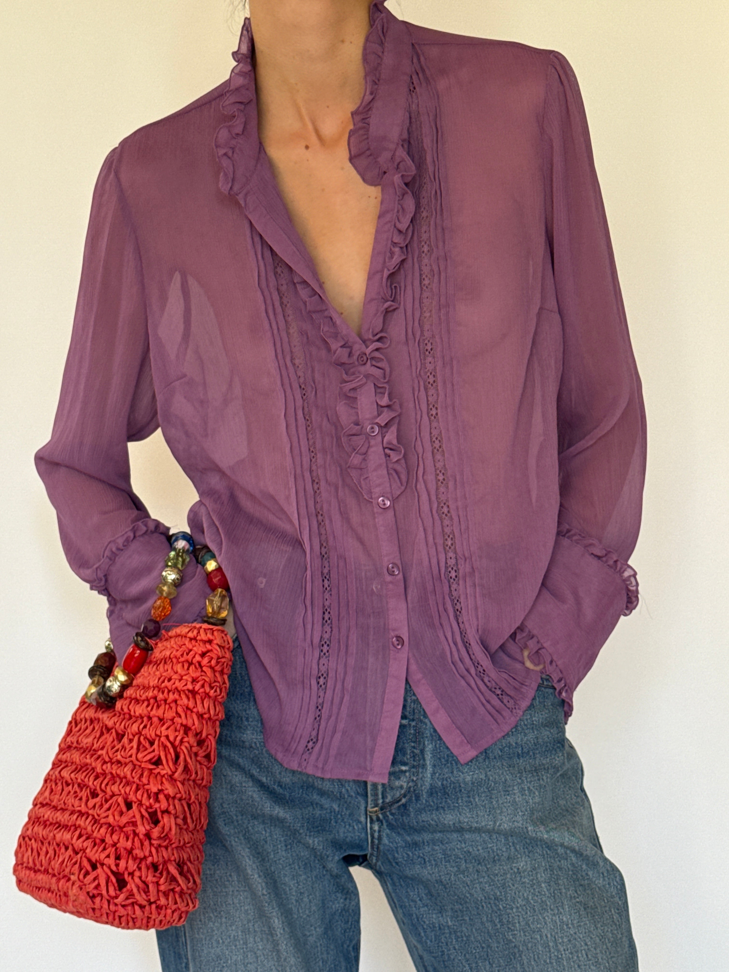 Vintage mauve sheer ruffled blouse button detail