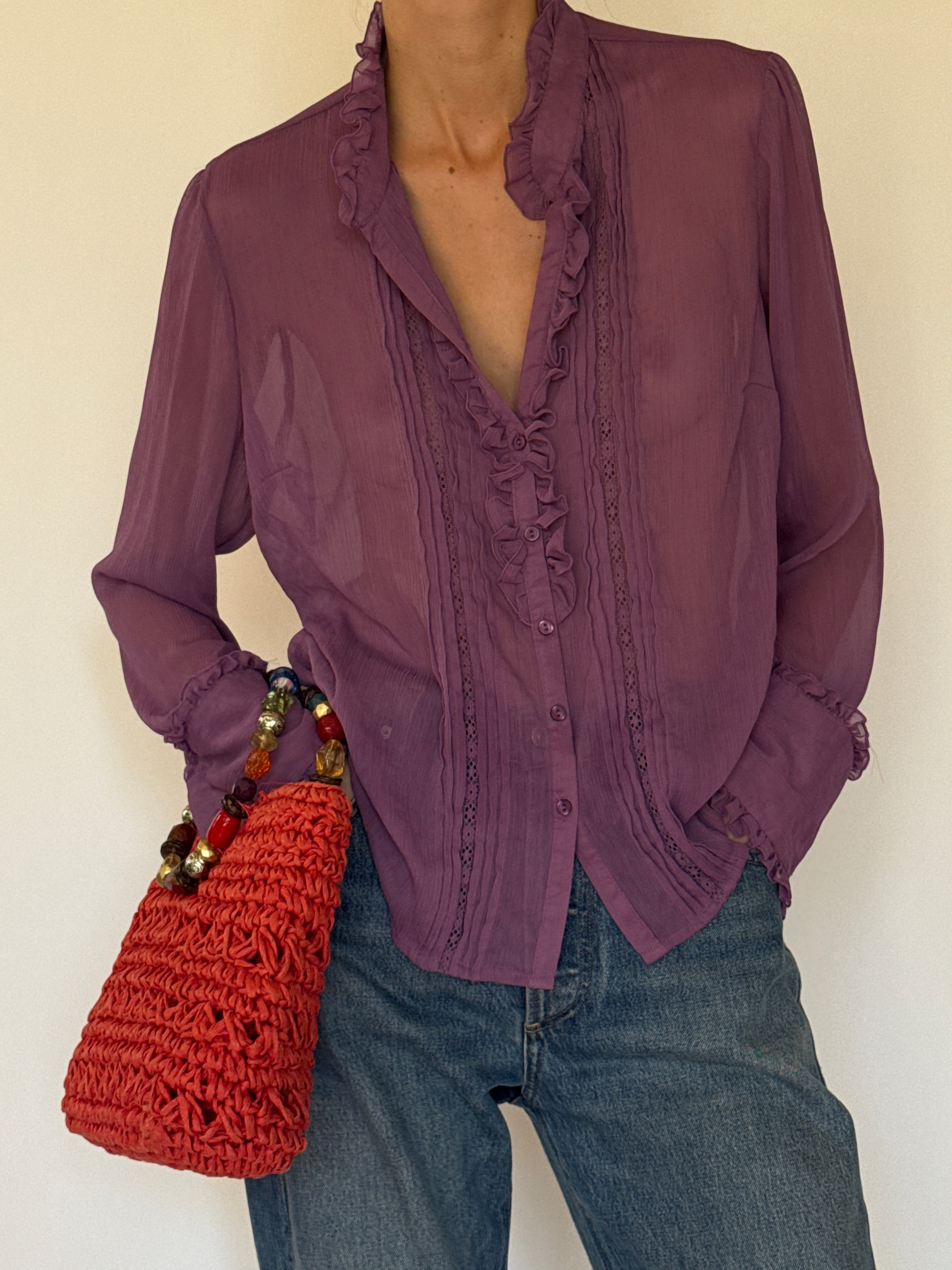 Vintage mauve sheer ruffled blouse collar detail