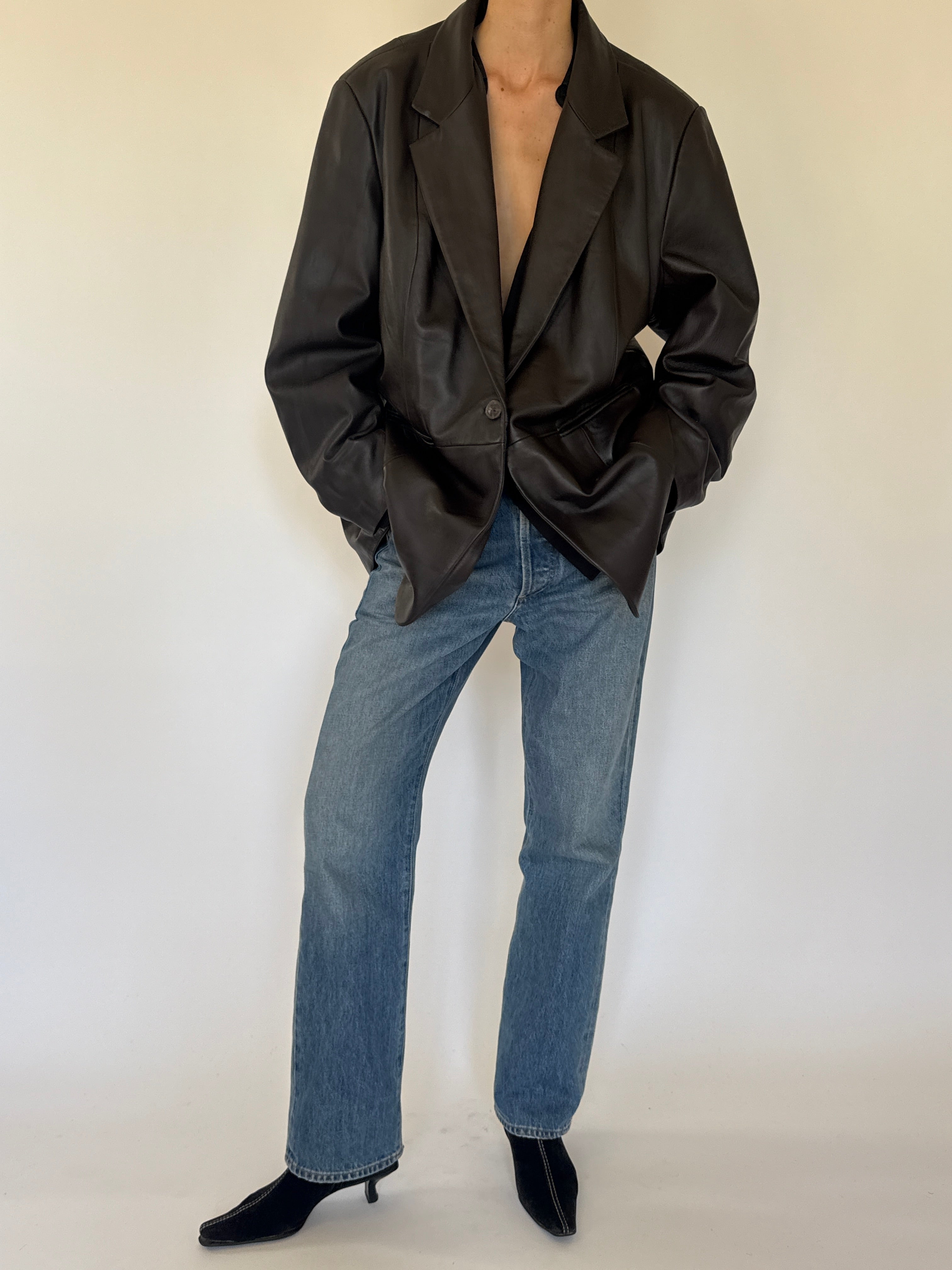 Vintage dark brown leather blazer welt pocket detail