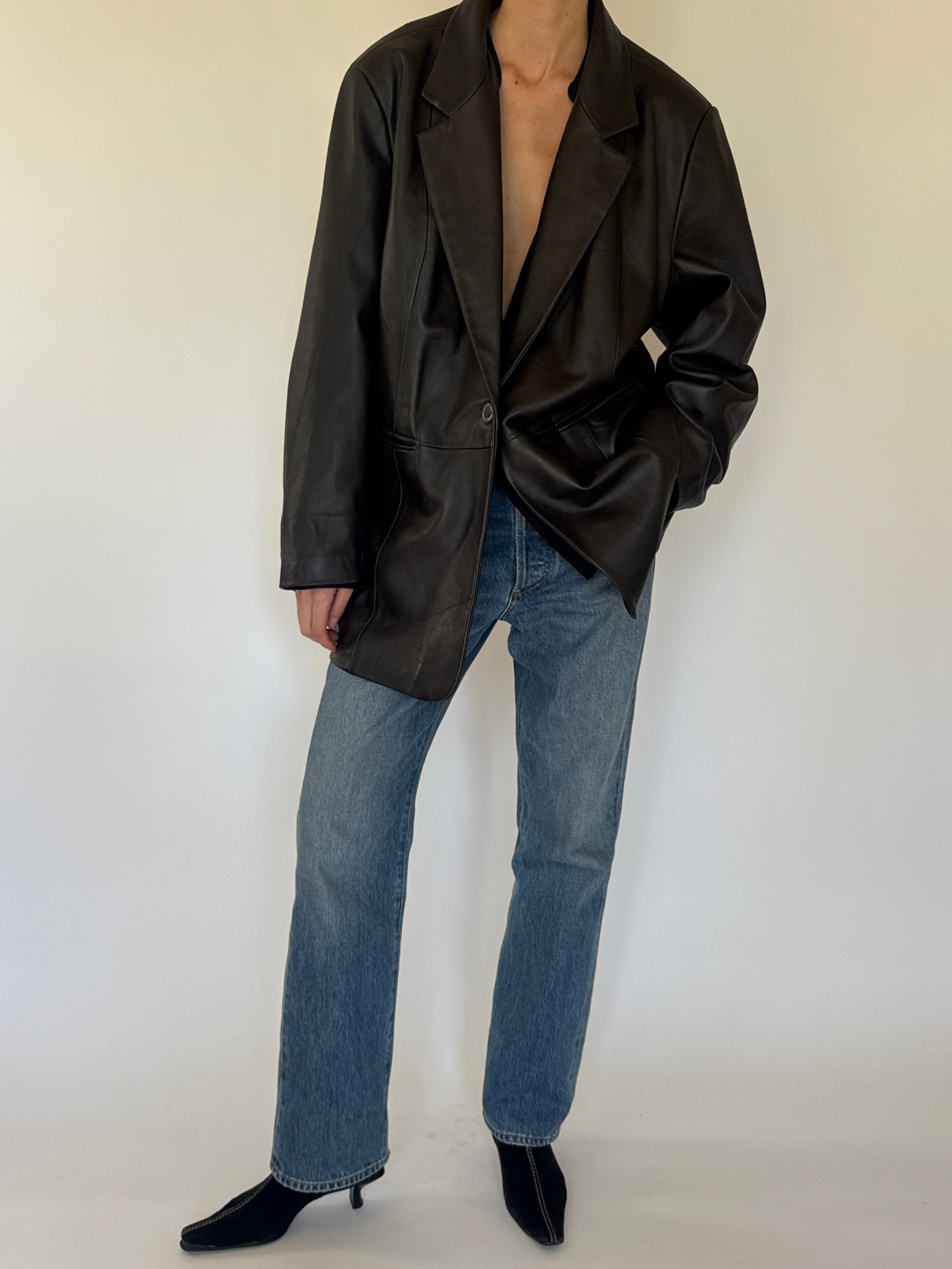 Vintage oversized leather blazer dark brown full length view