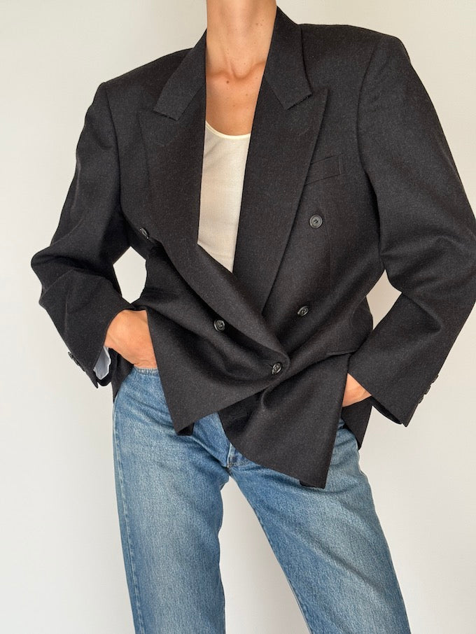 Vintage Double-Breasted Pure Wool Blazer Dark Grey 6413