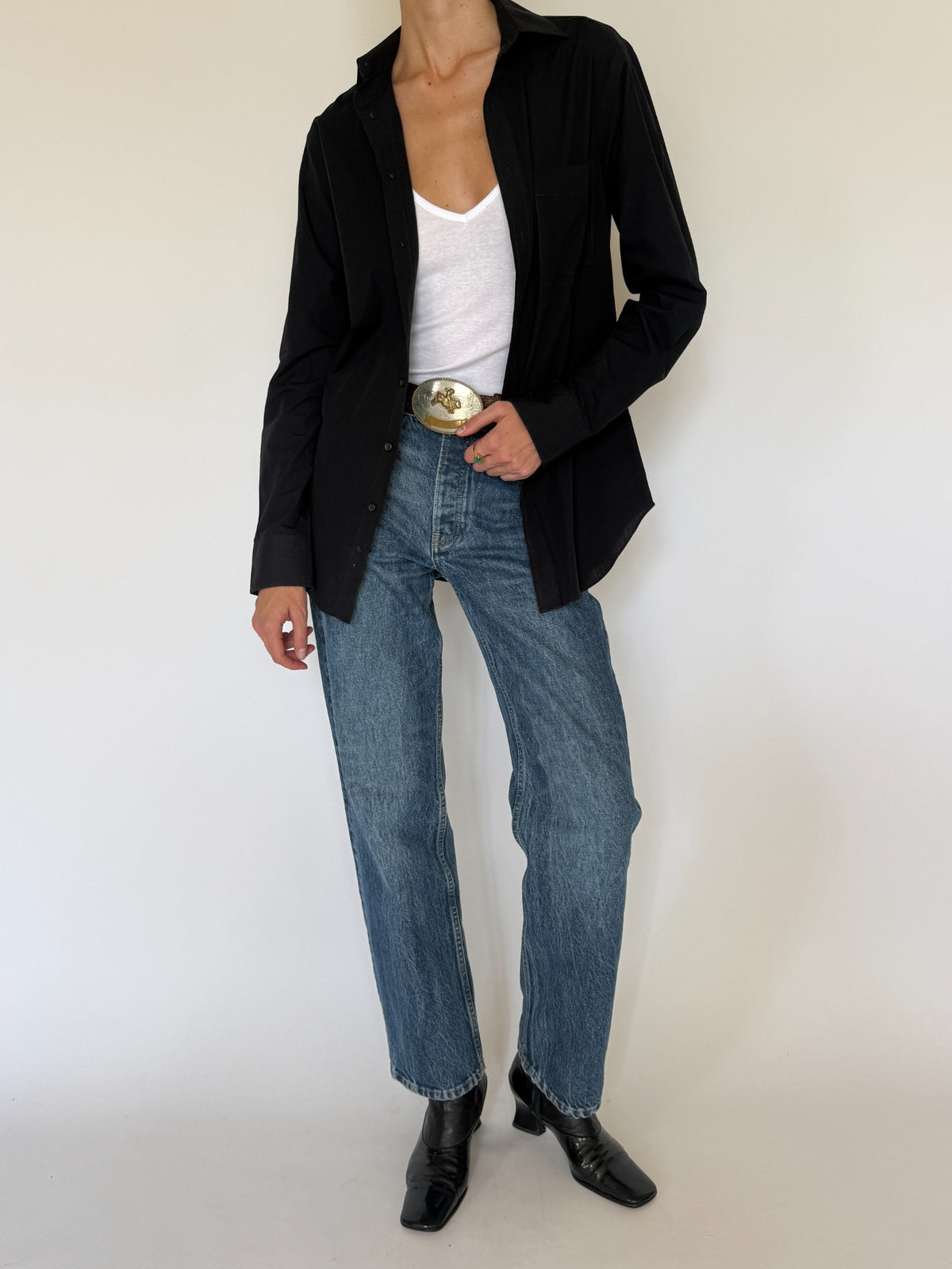 Vintage black shirt full-length front styling view