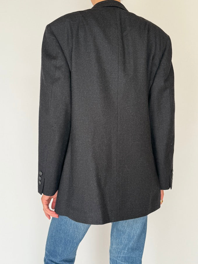 Vintage Double-Breasted Pure Wool Blazer Dark Grey 6413