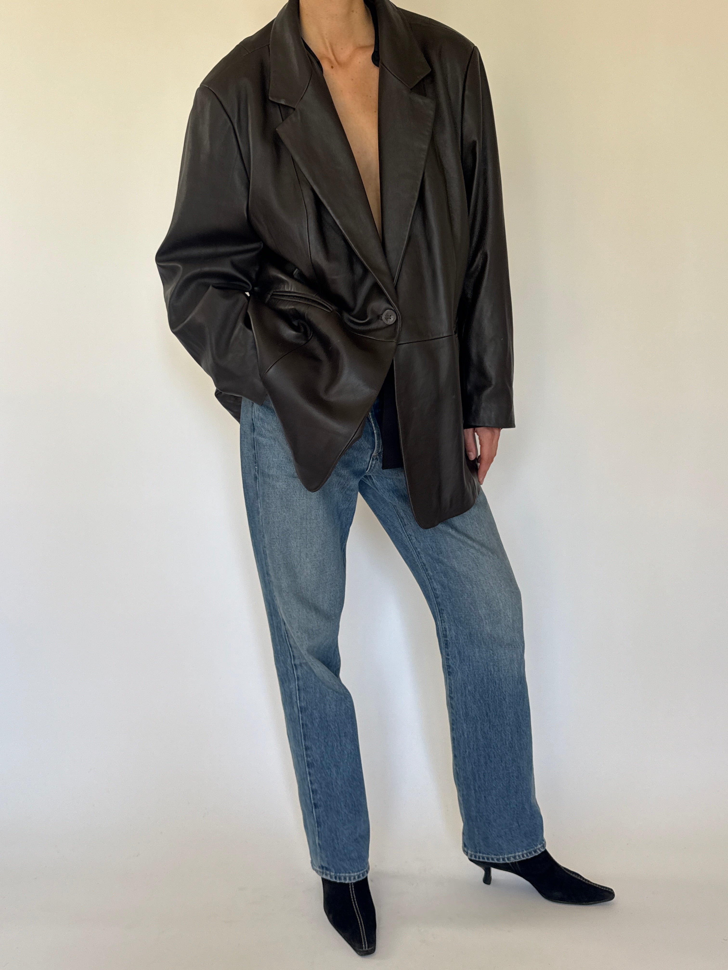 Vintage dark brown leather blazer front view