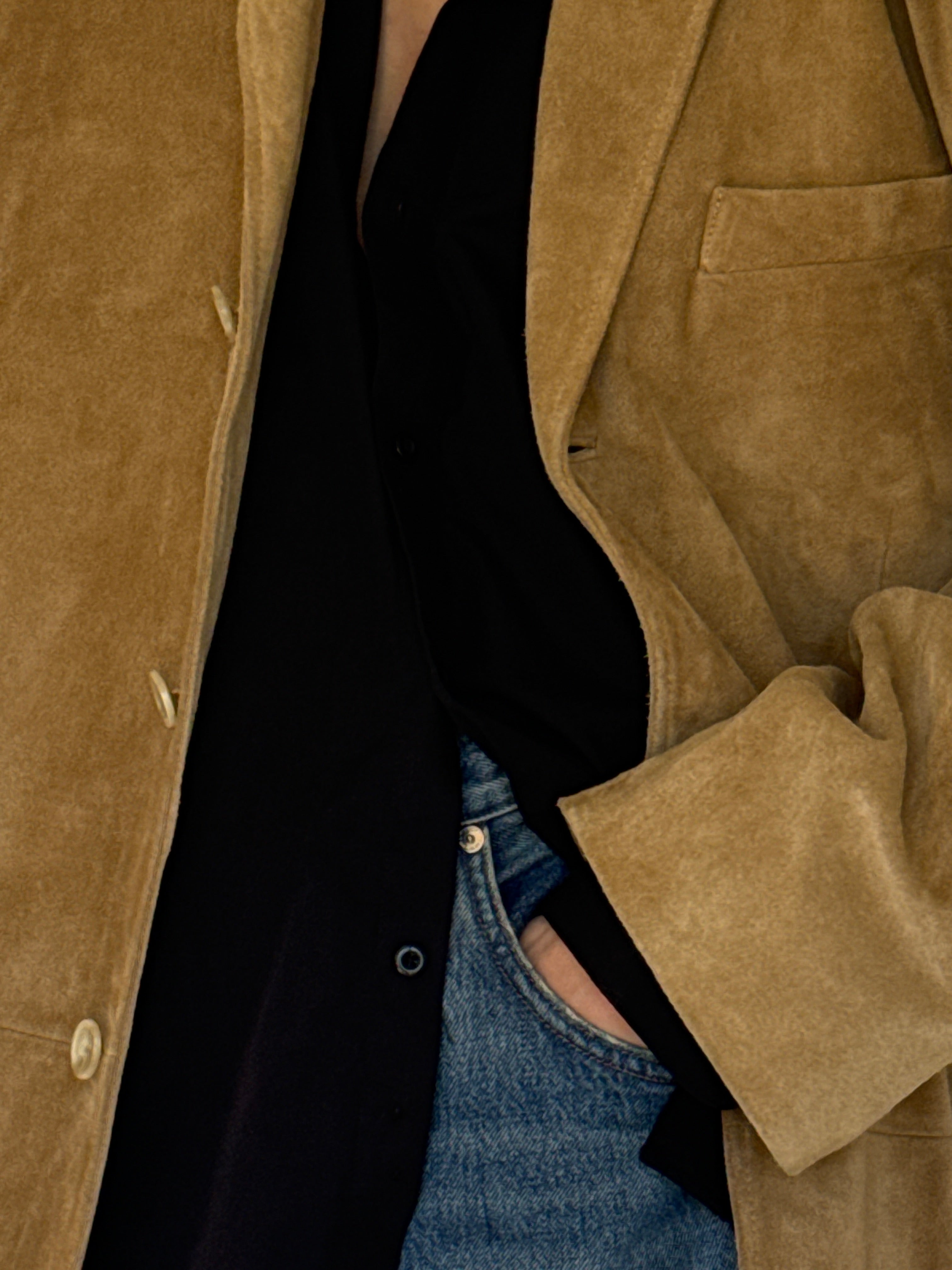 Vintage camel suede leather blazer fabric close-up