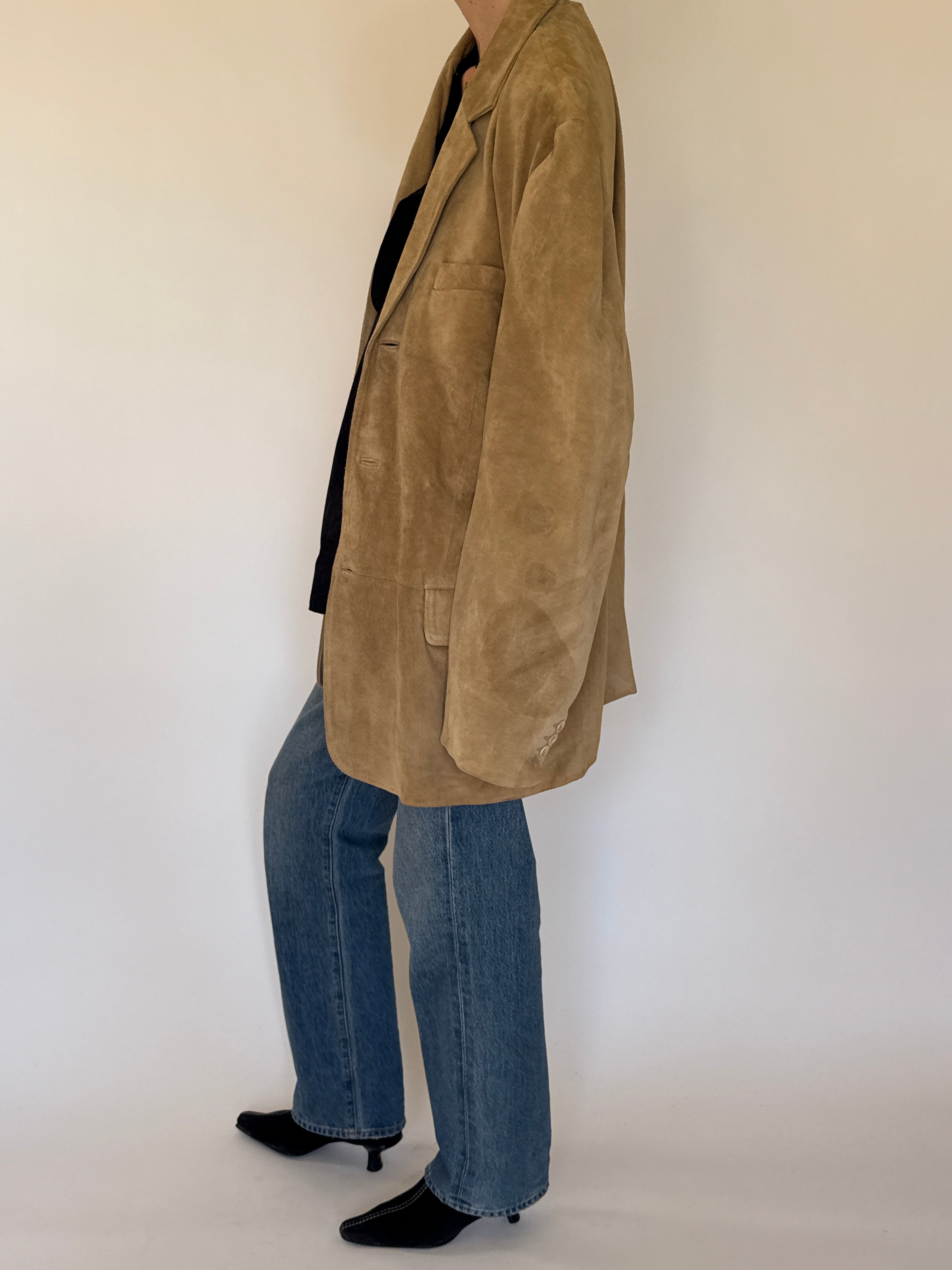 Vintage camel suede leather oversized blazer side view