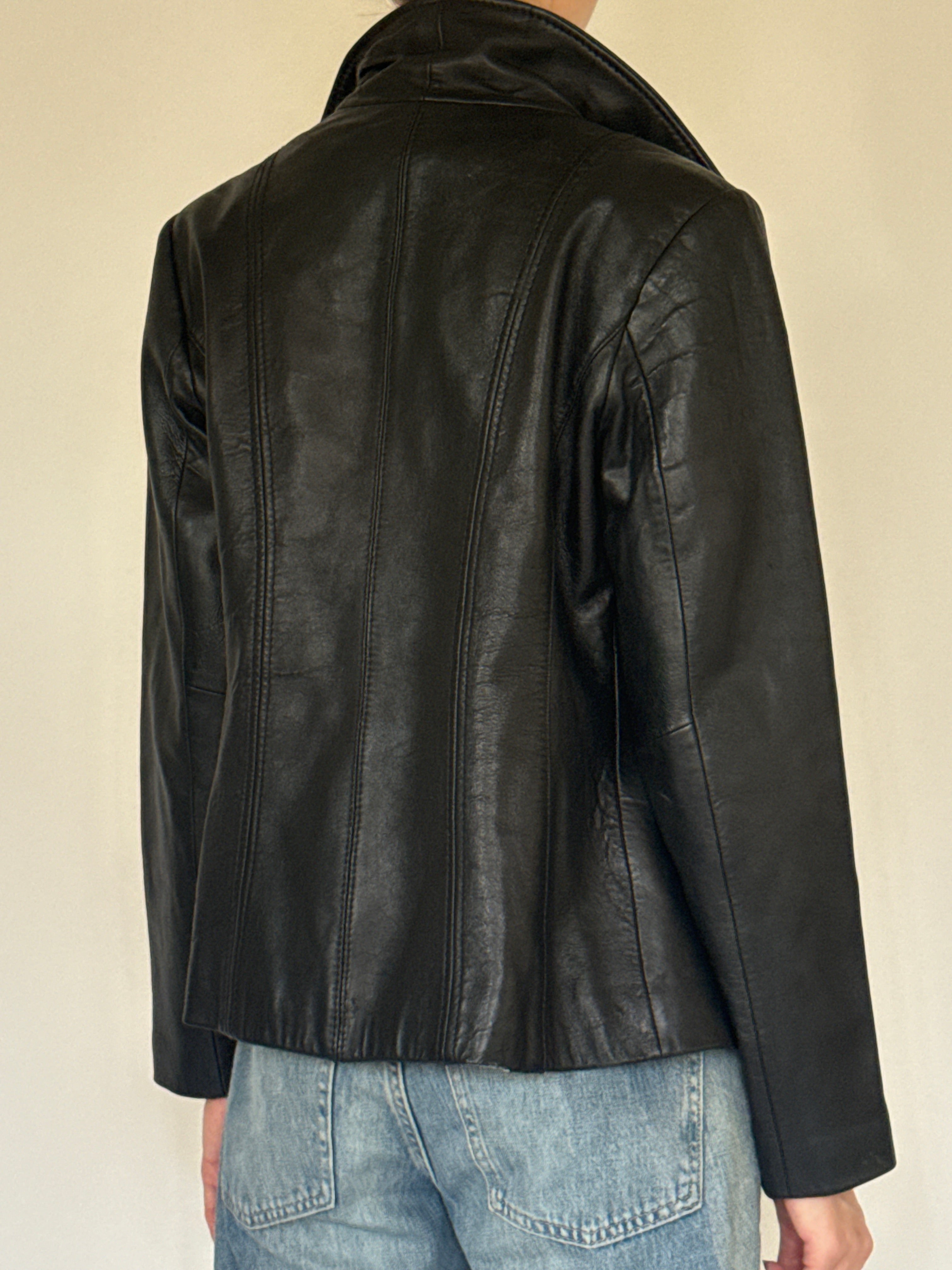 Vintage black leather jacket back view