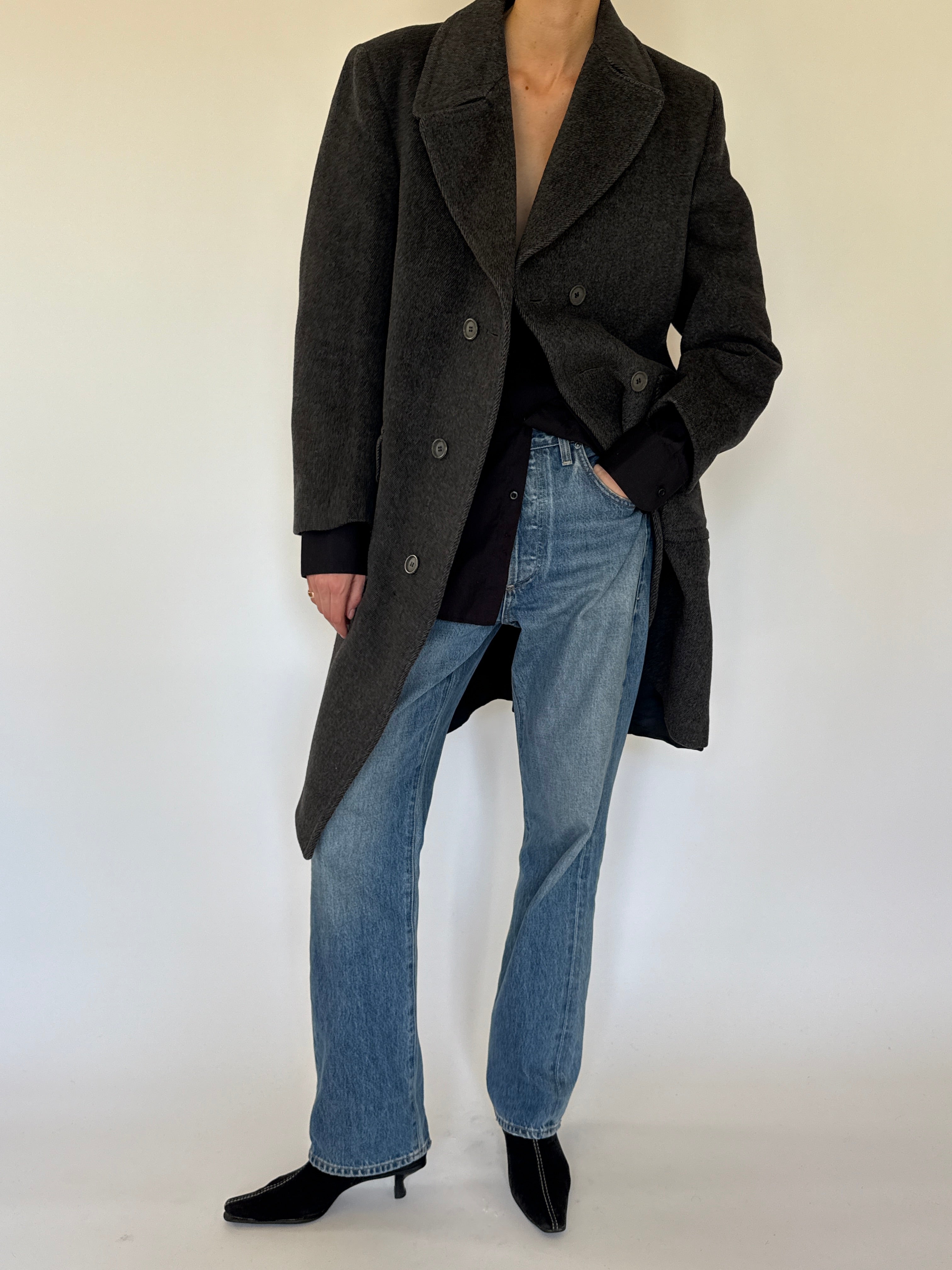 Vintage dark grey wool double-breasted coat front view open