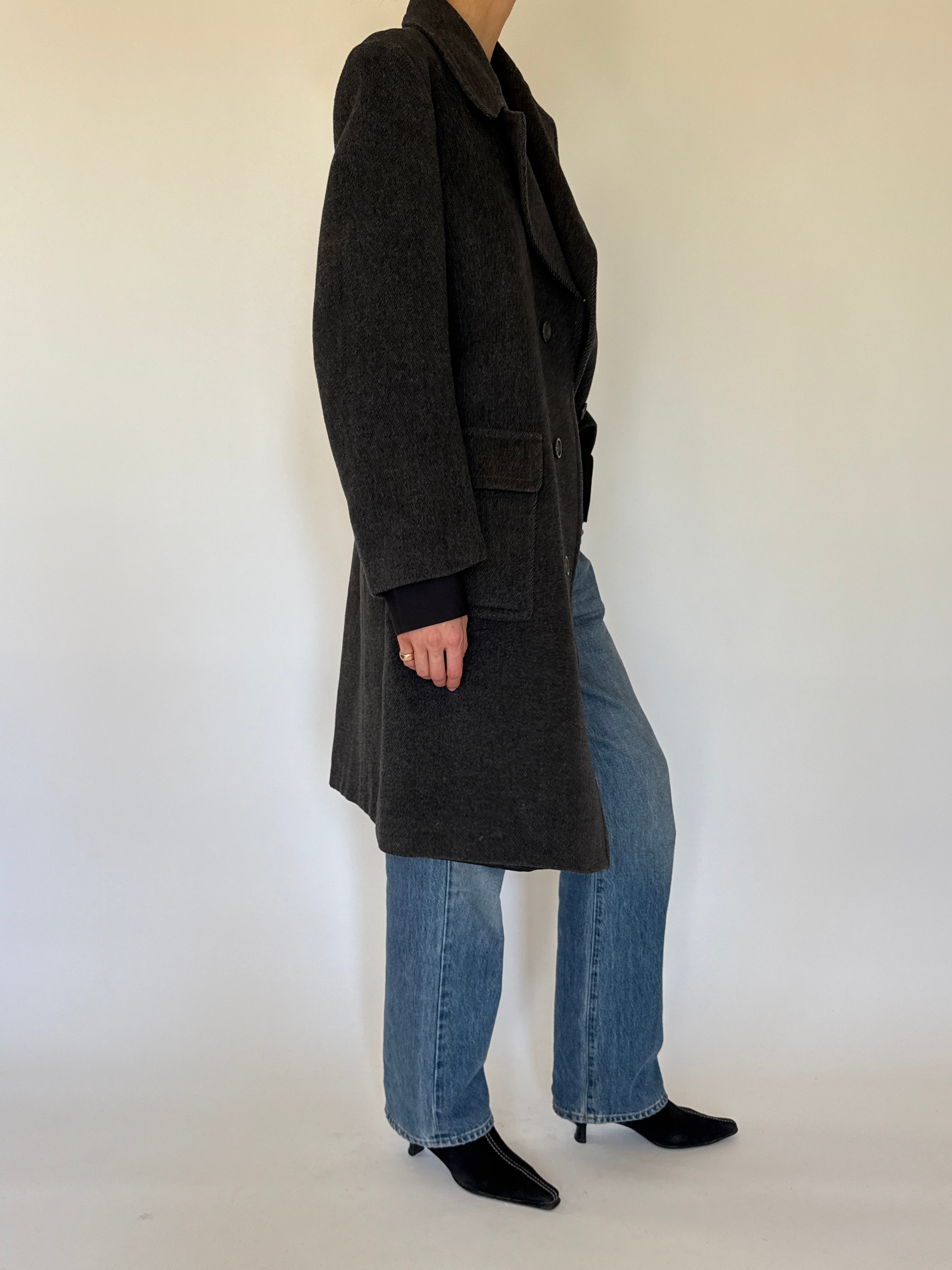Vintage dark grey wool coat side view structured silhouette