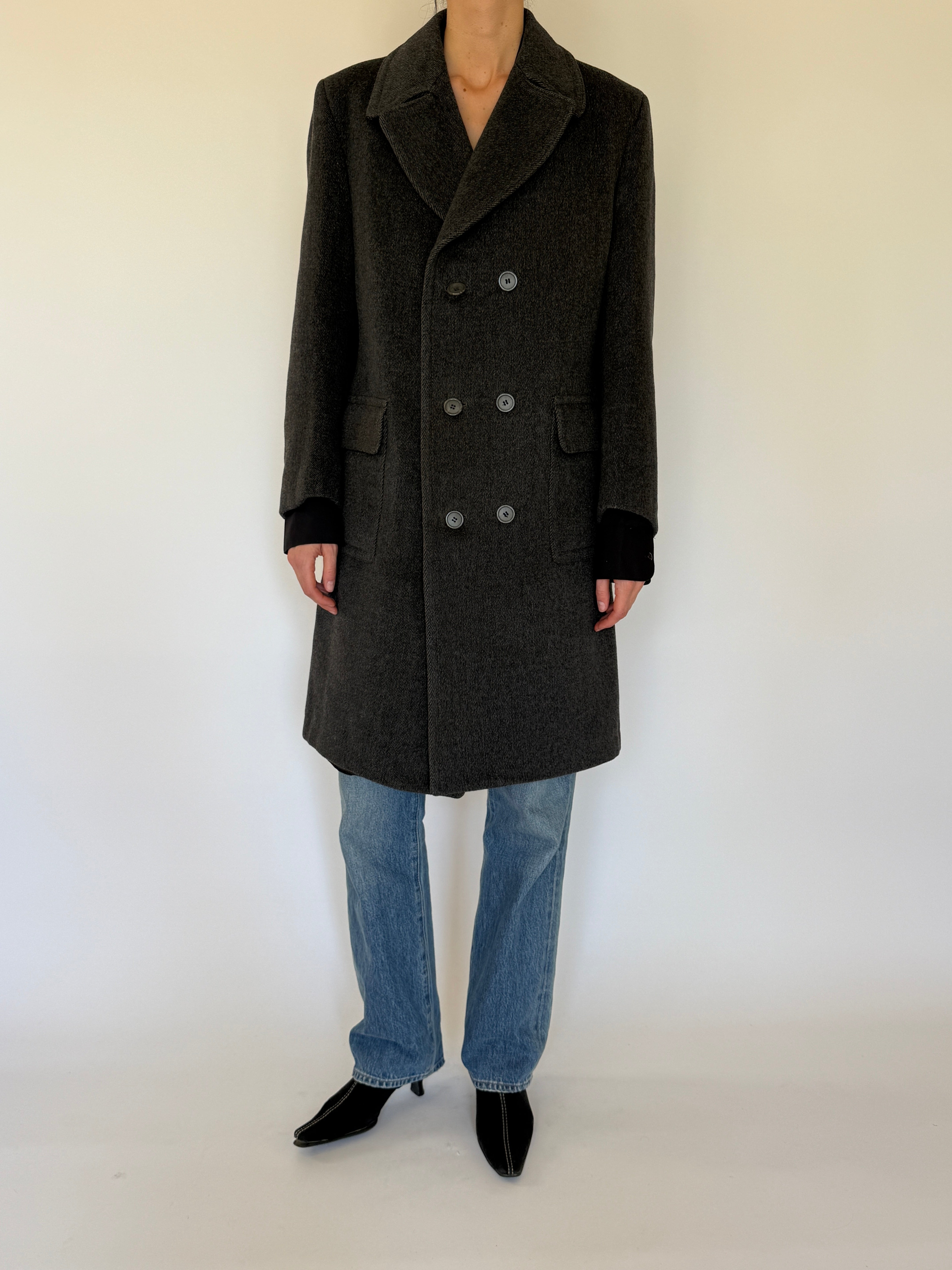 Vintage dark grey wool double-breasted coat front view