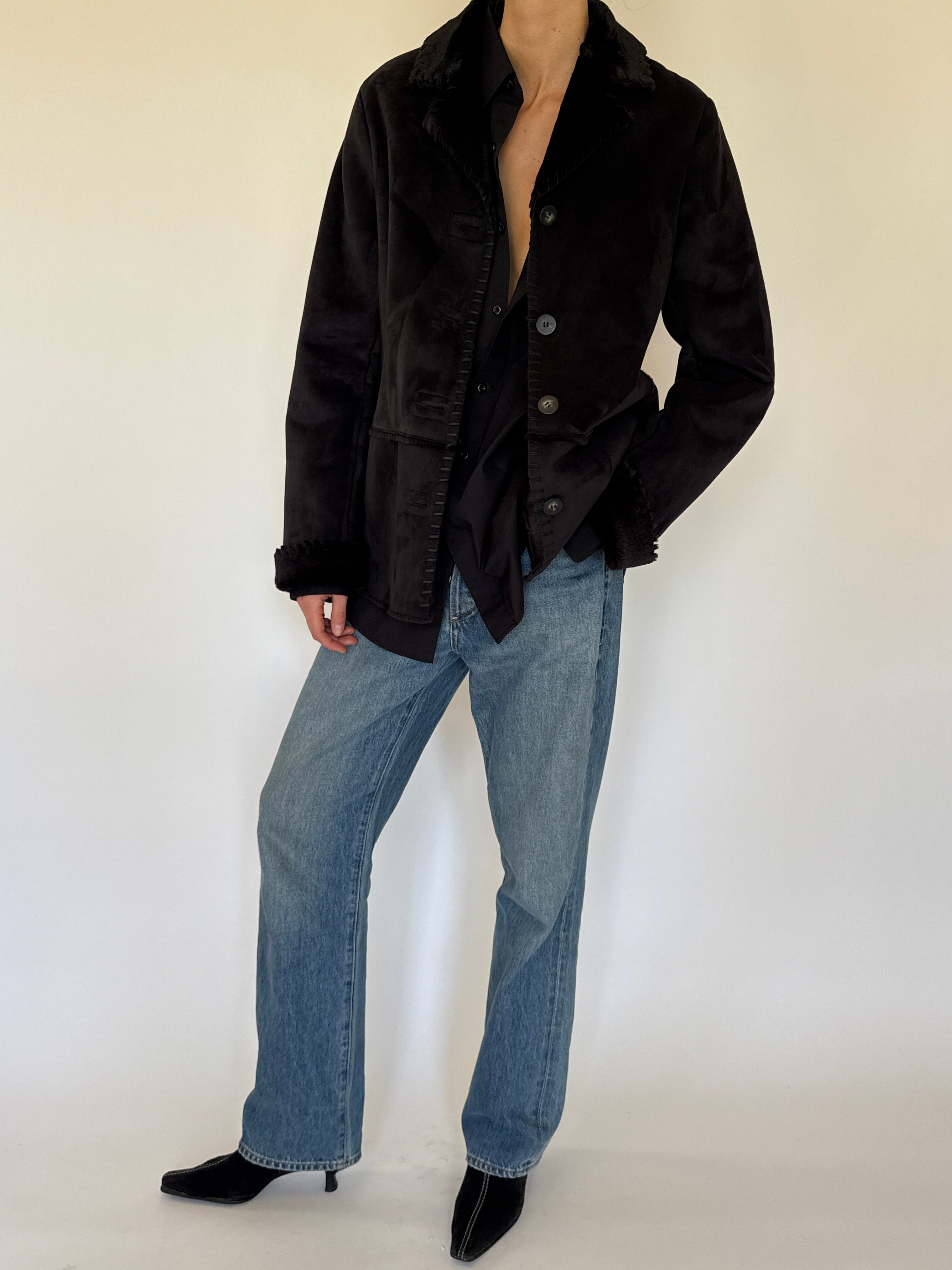 Vintage black shearling trim jacket front view button closure