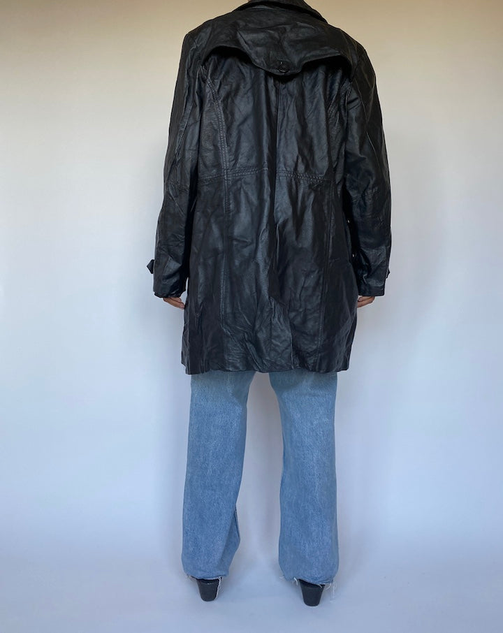 VINTAGE LONG BLACK LEATHER JACKET 2782