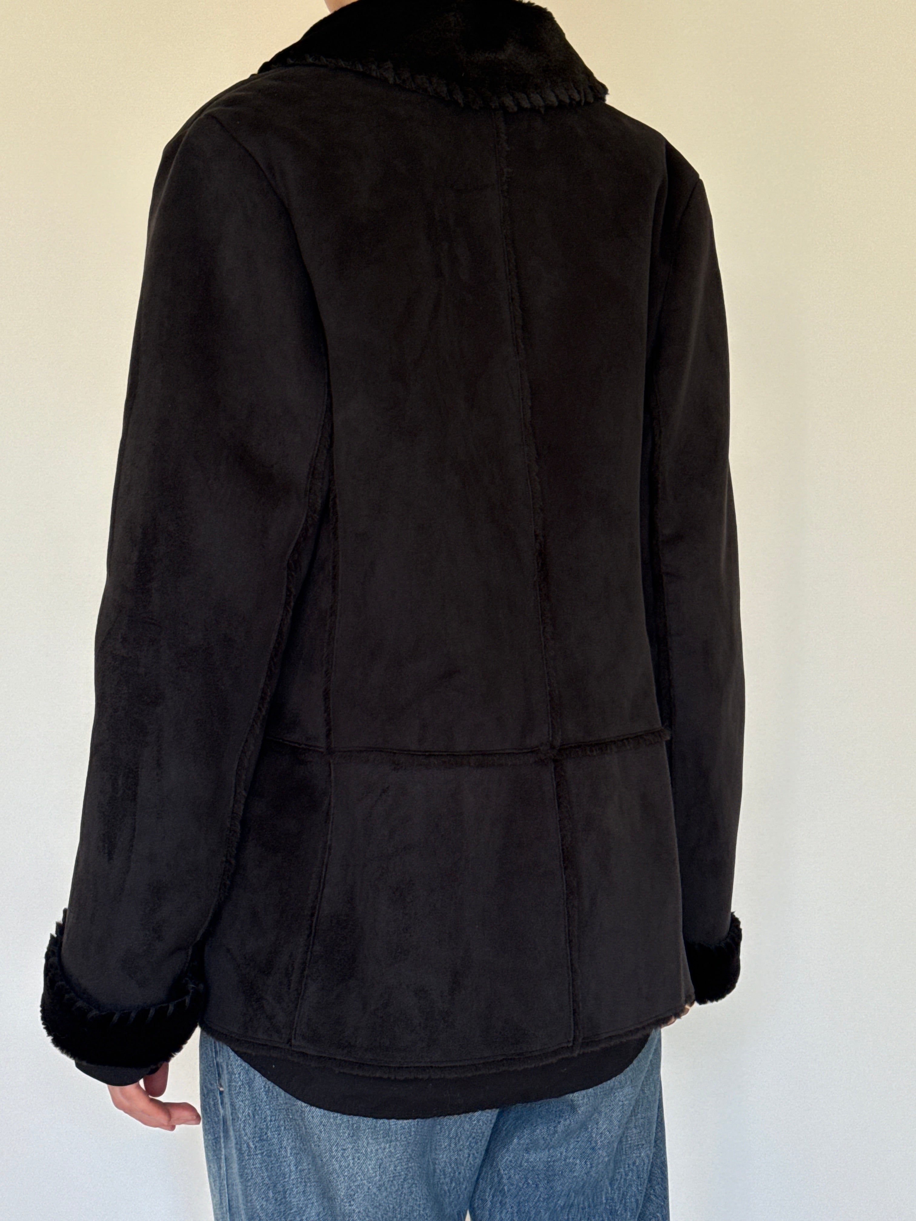 Vintage black shearling trim jacket back view panel seam detail