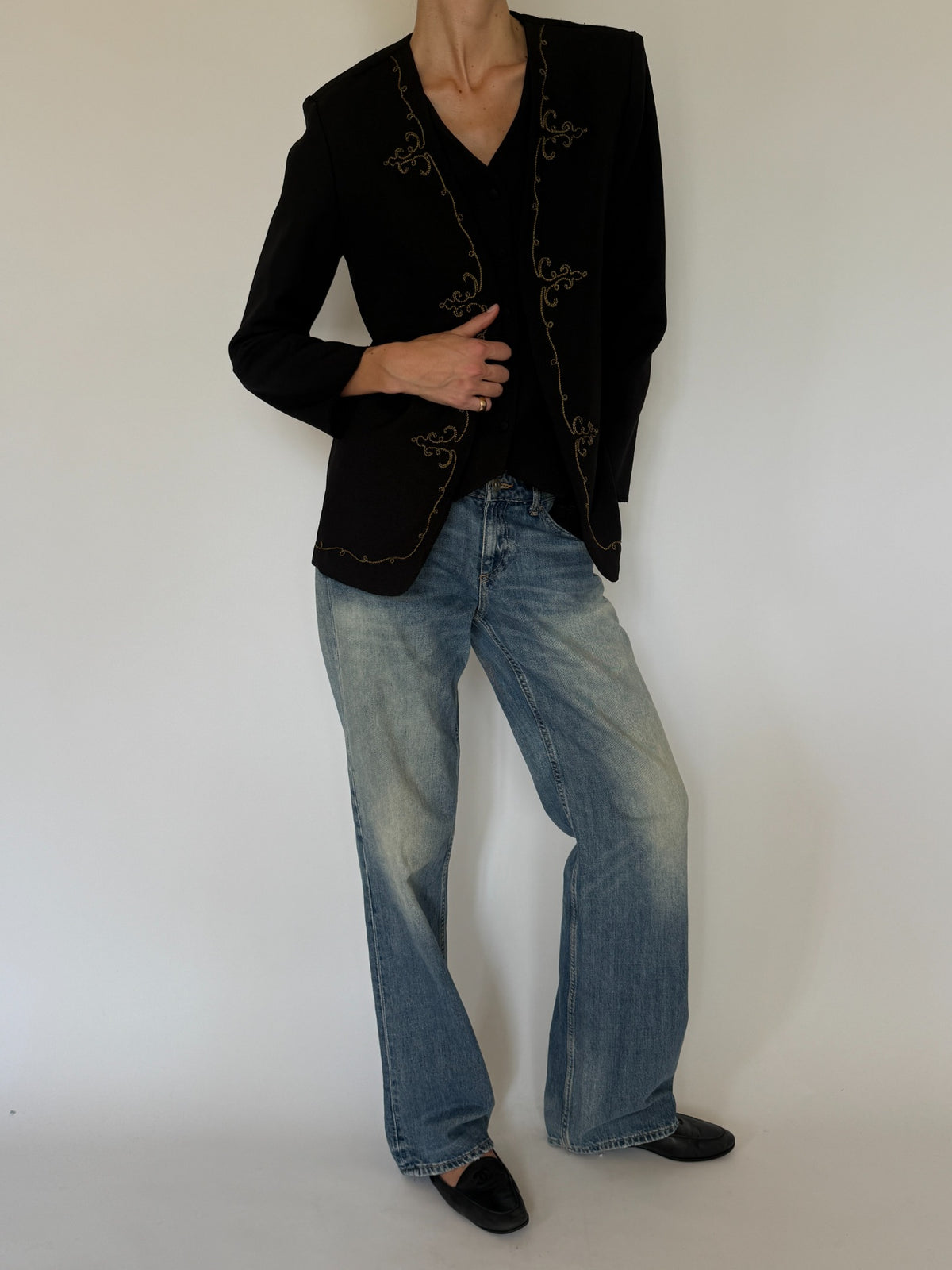 Vintage black embroidered blazer vest set front view