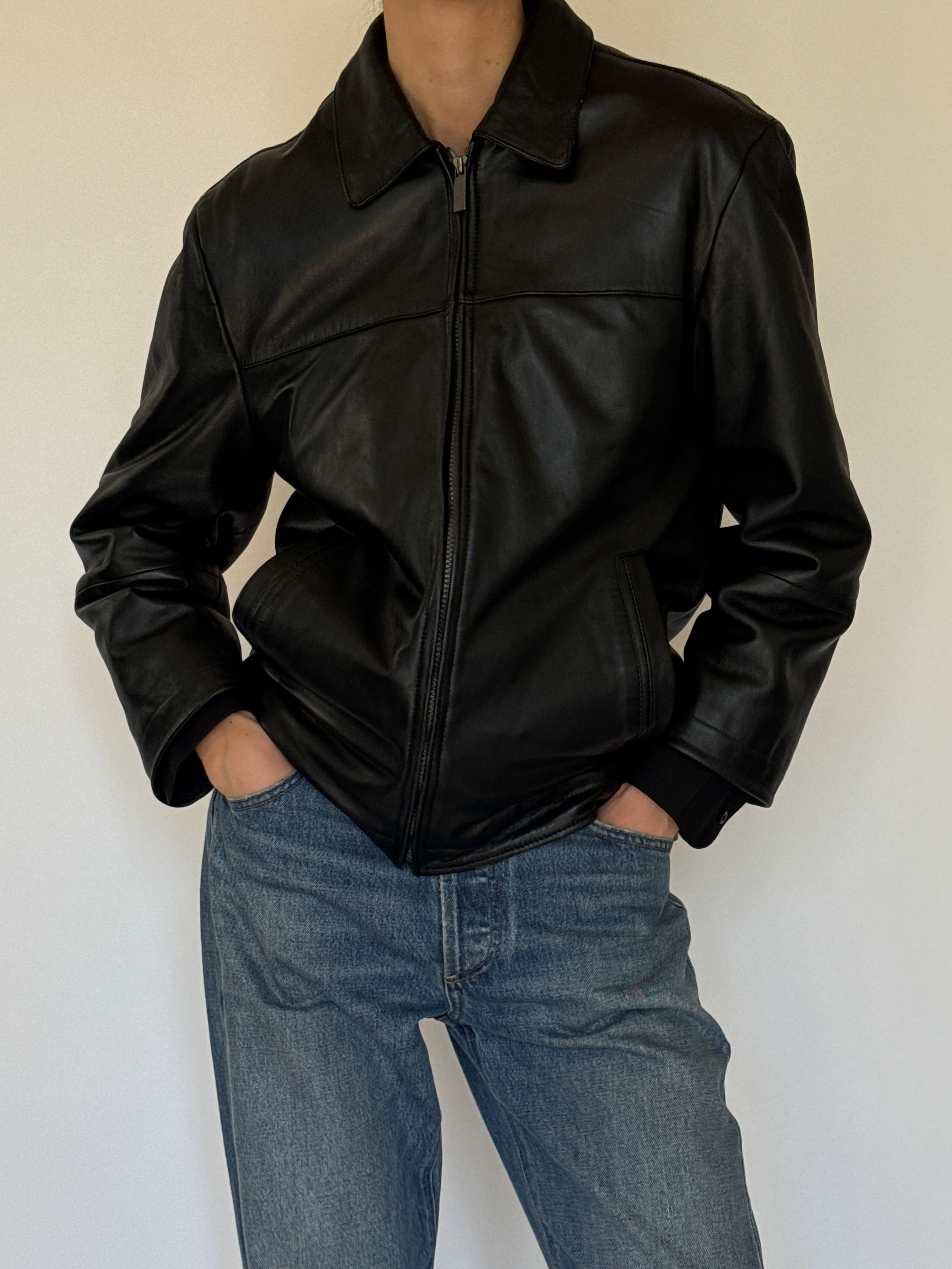 Vintage black leather zip jacket front view