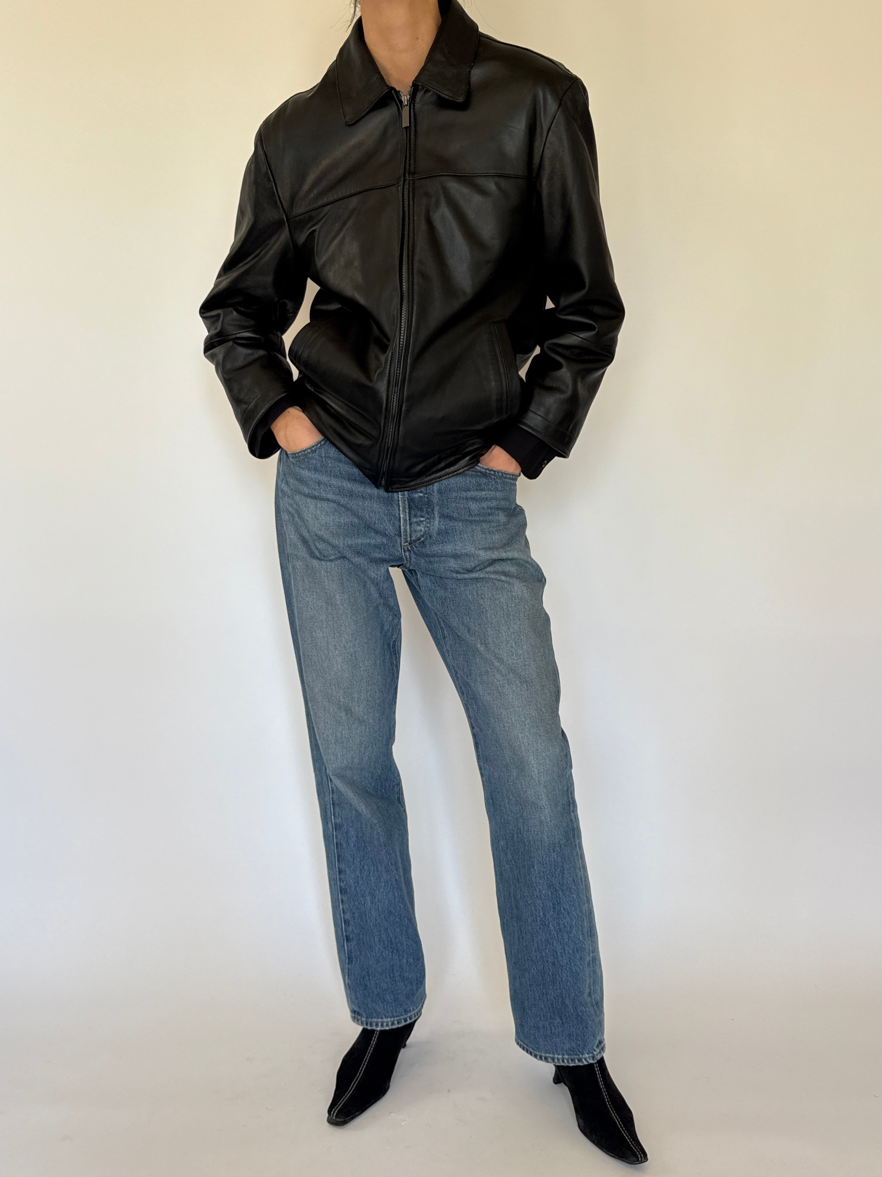 Vintage black leather zip jacket front view