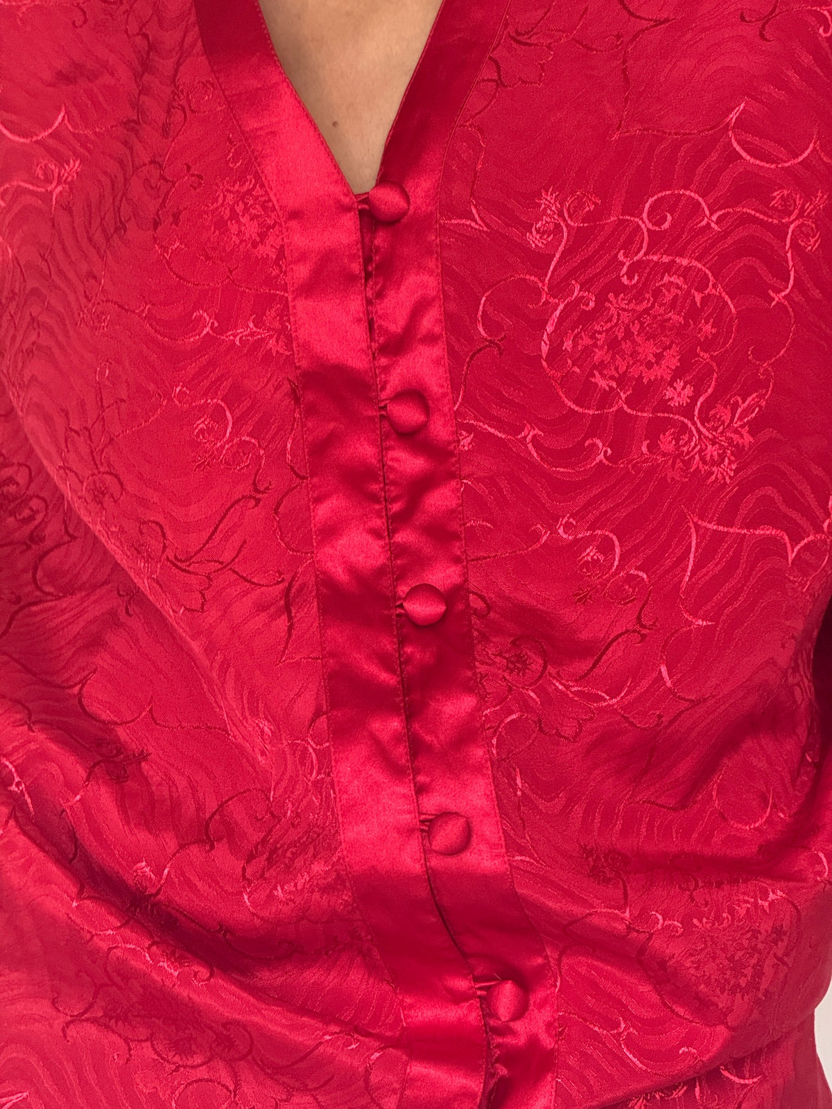 Vintage red jacquard blouse button detail