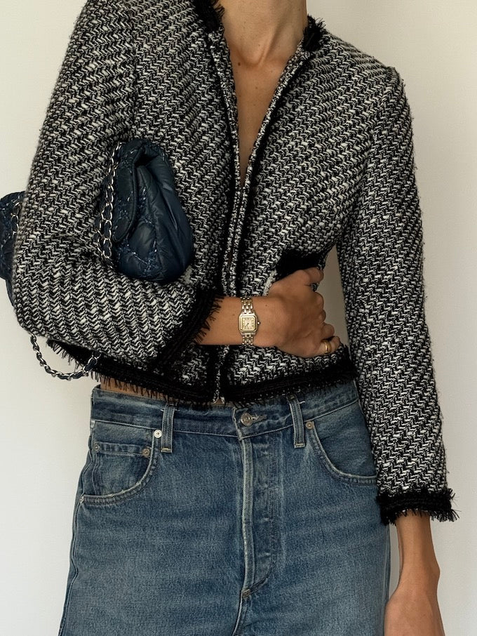 Vintage Tweed Cropped Jacket with Fringed Trim 6607