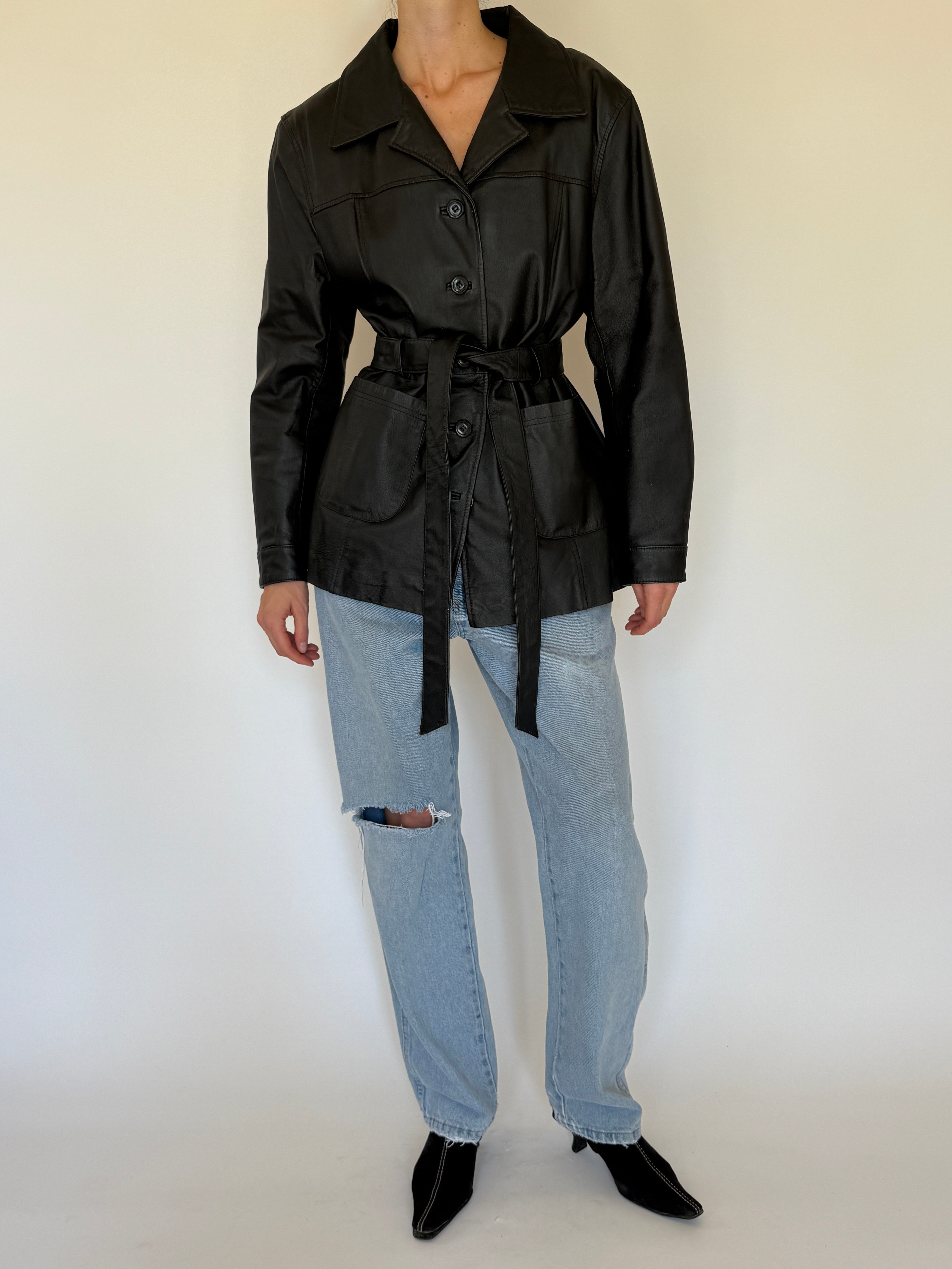 Vintage black leather jacket belt detail waist tie