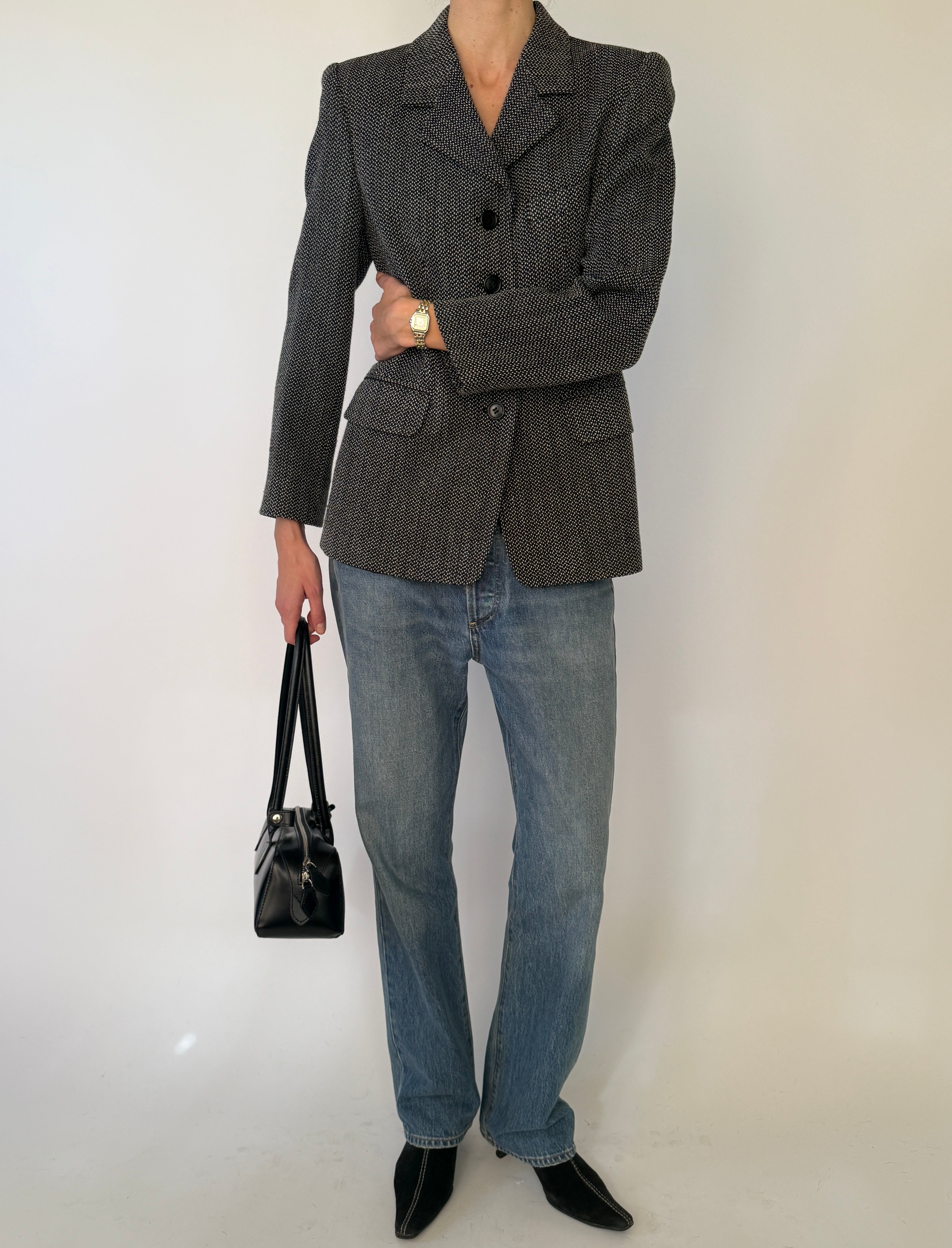 Vintage charcoal wool-blend tailored blazer front view full body