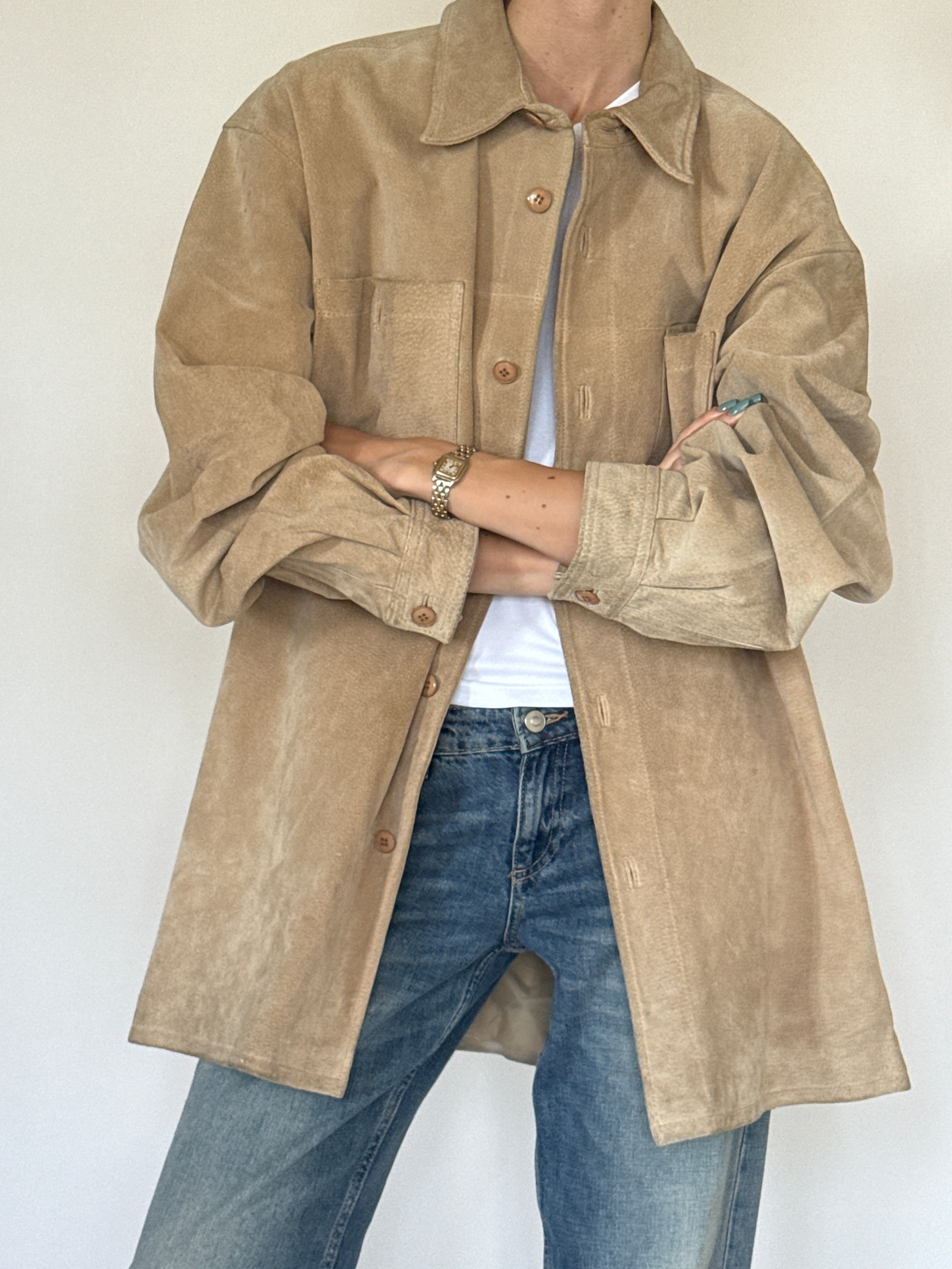 Vintage oversized suede leather jacket front view