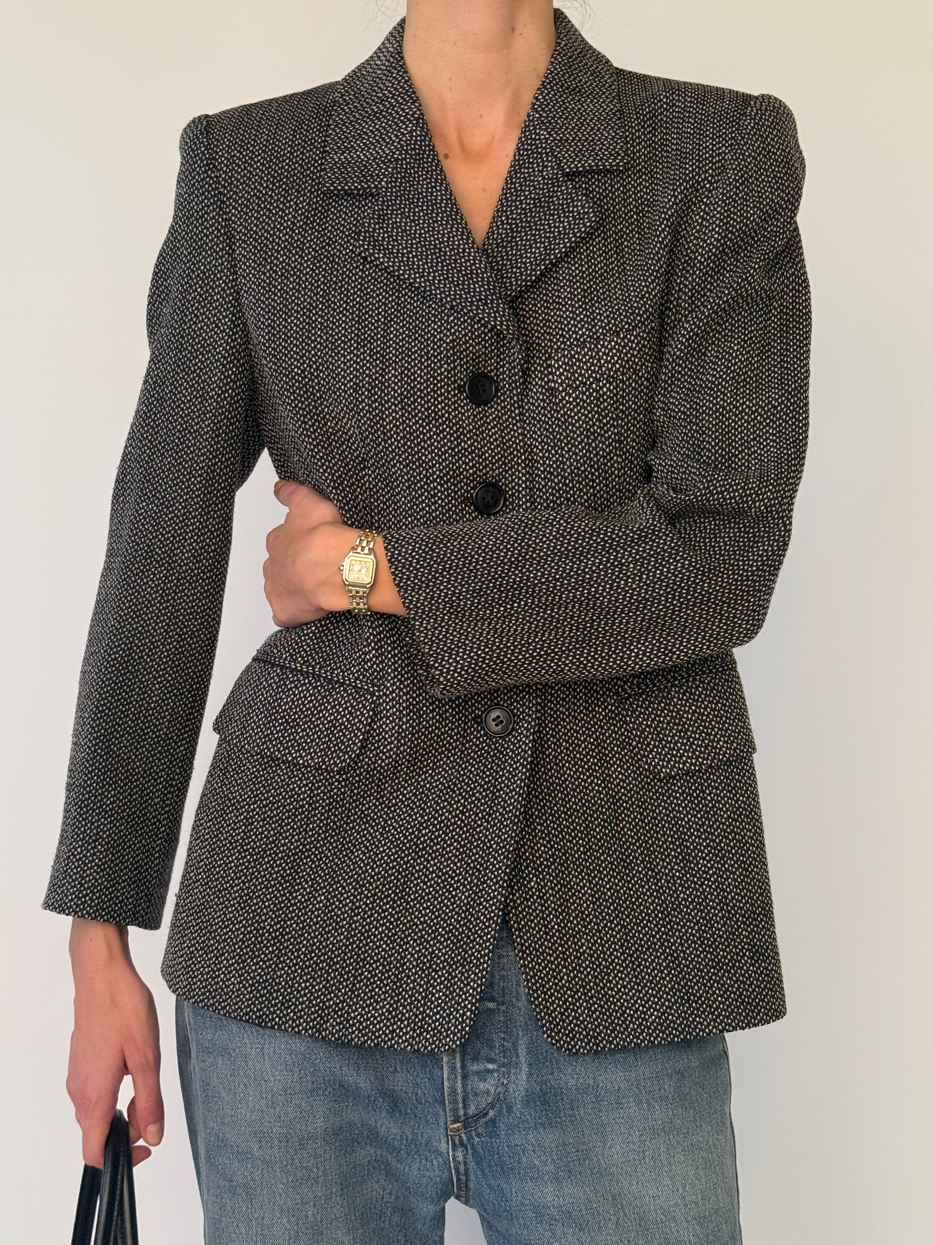 Vintage charcoal wool-blend tailored blazer front view