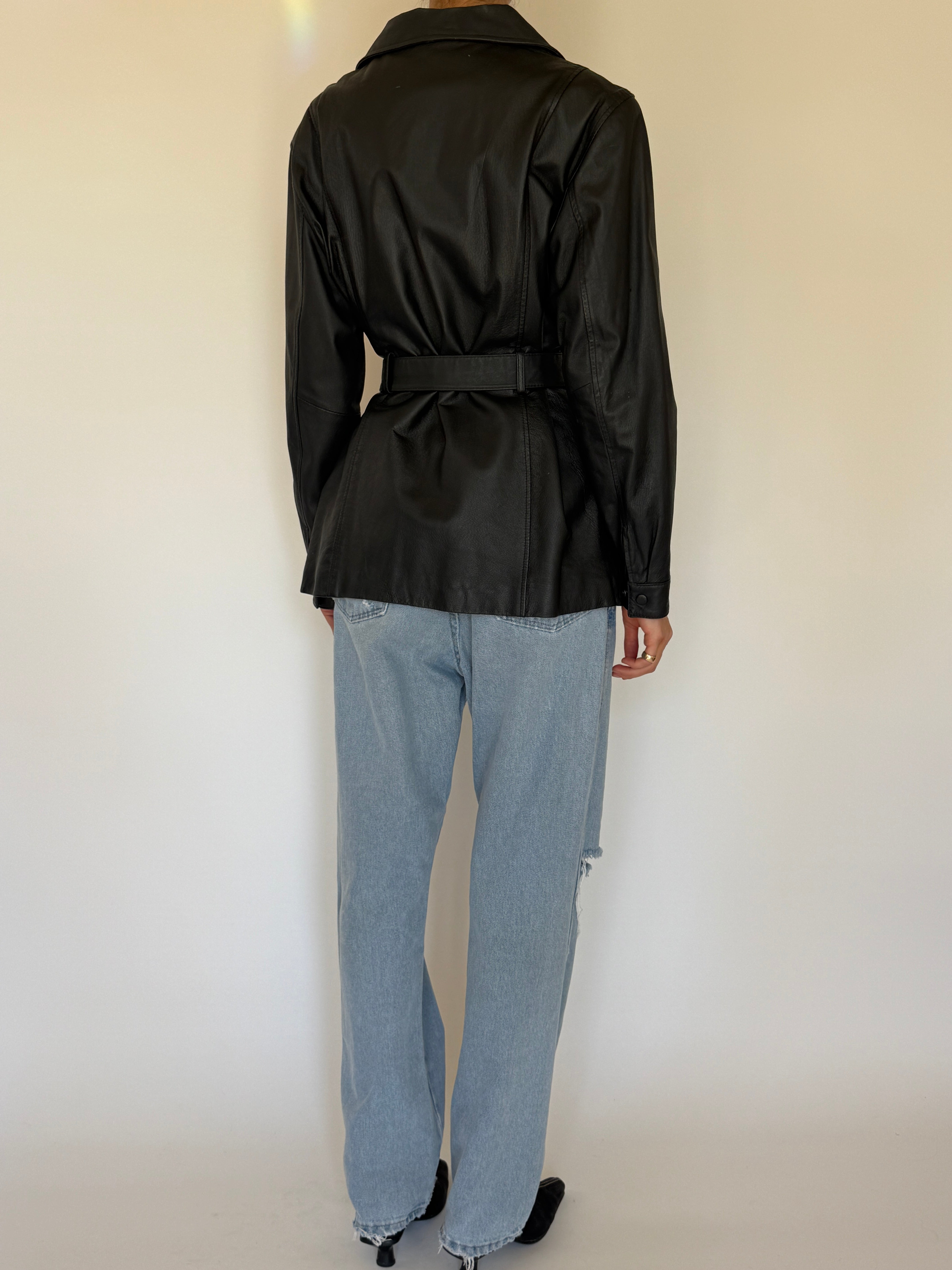 Vintage black leather jacket back view structured fit
