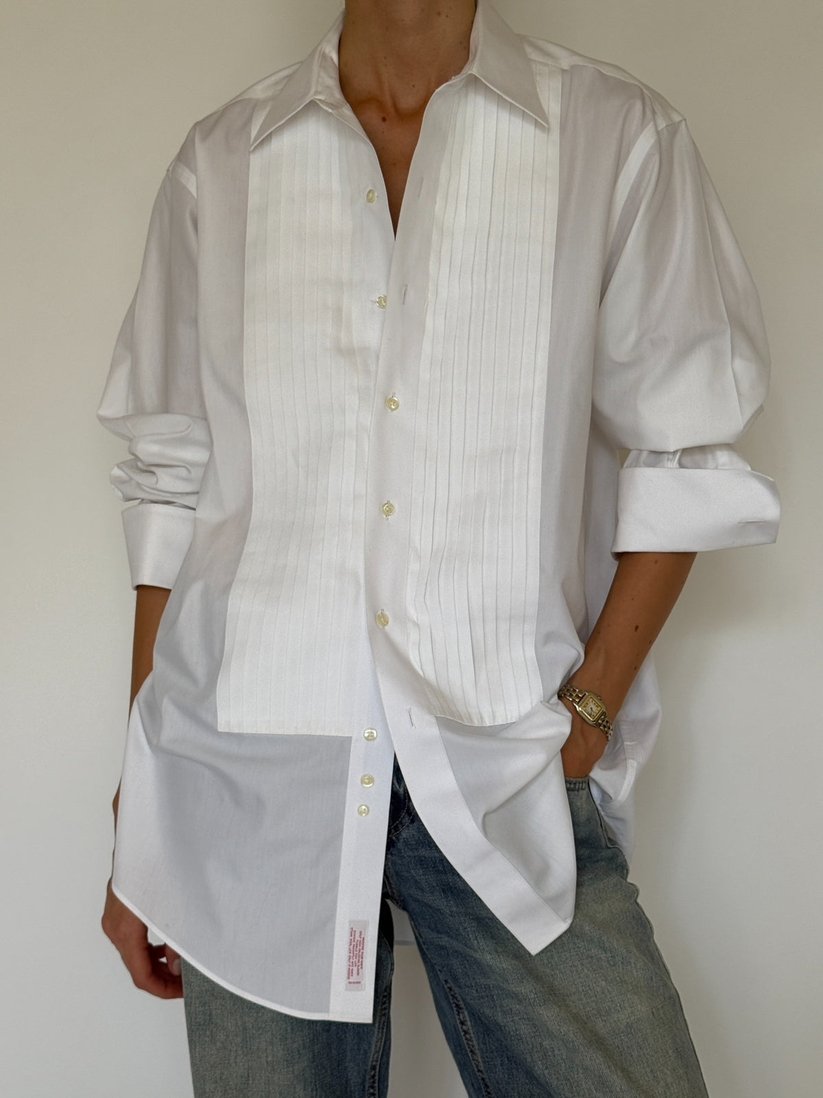 Vintage pleated tuxedo shirt white full front view