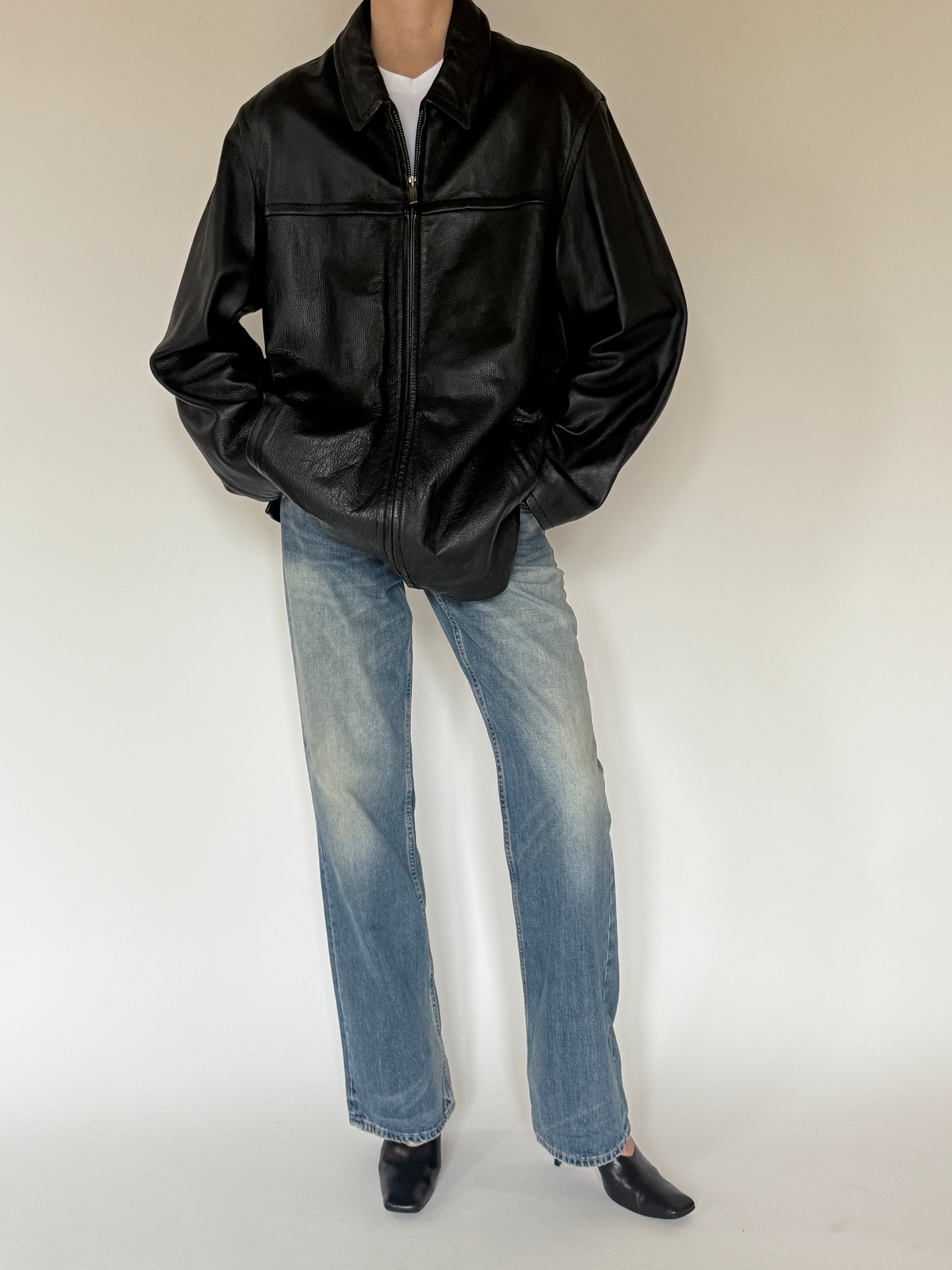 Vintage oversized black leather jacket front view