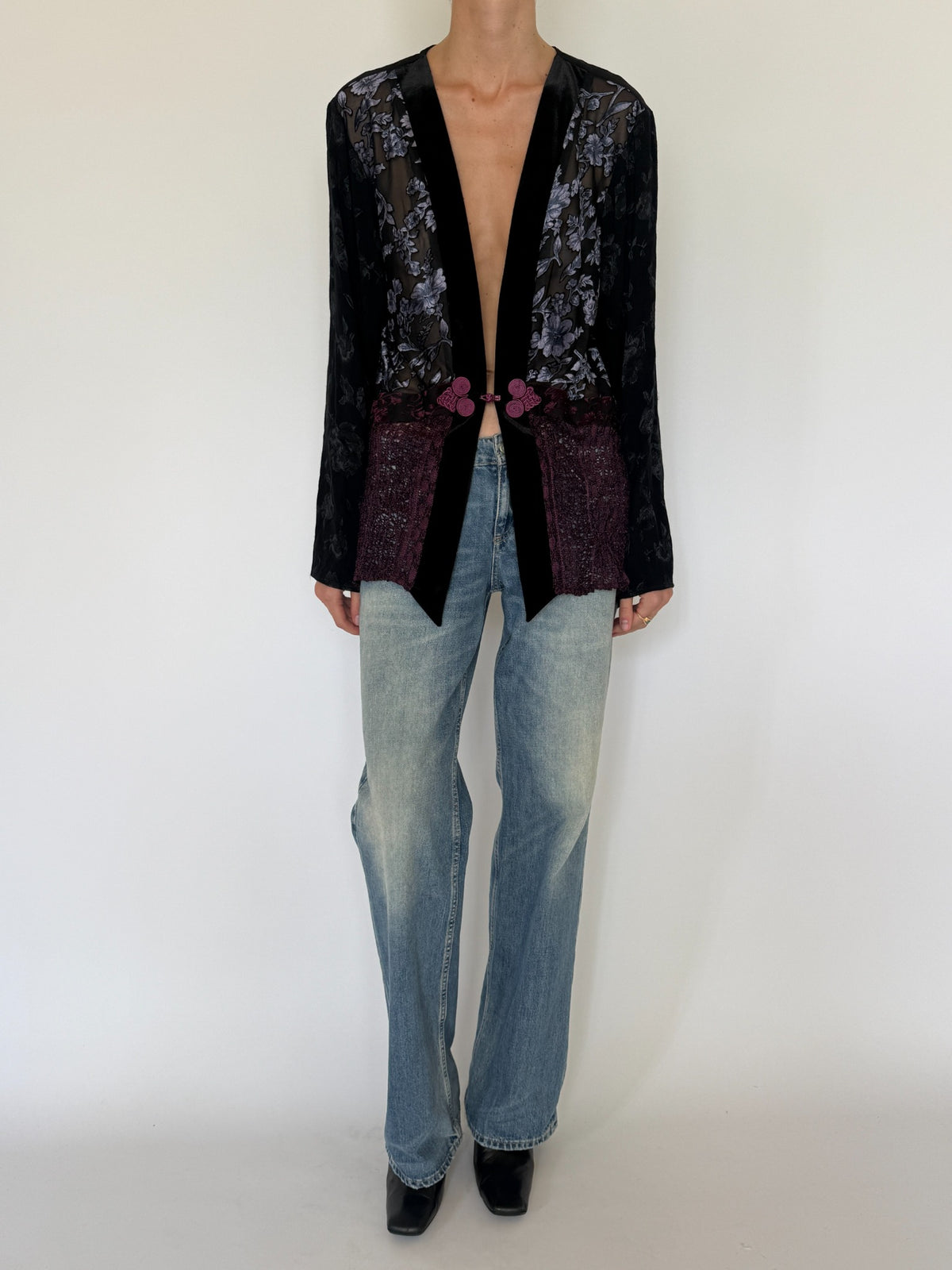 Vintage mixed-texture floral jacket black and burgundy front view