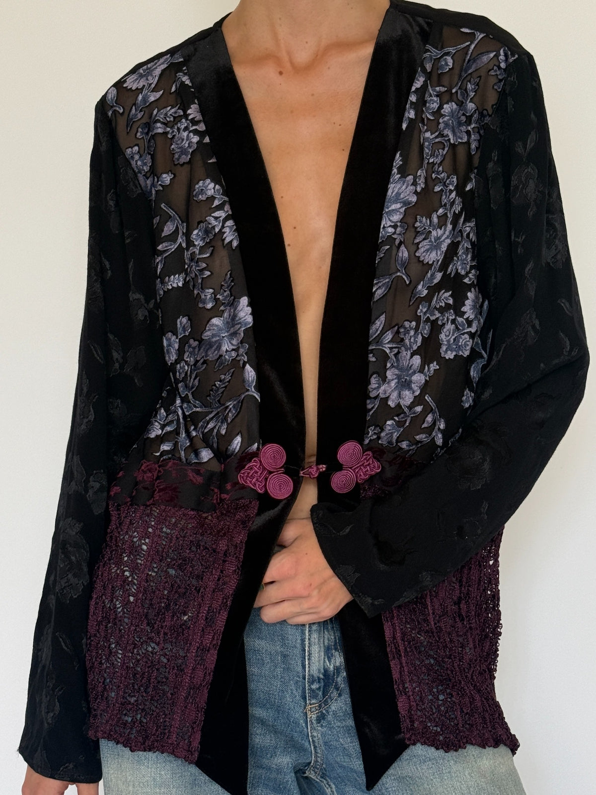 Vintage mixed-texture floral jacket floral fabric close-up